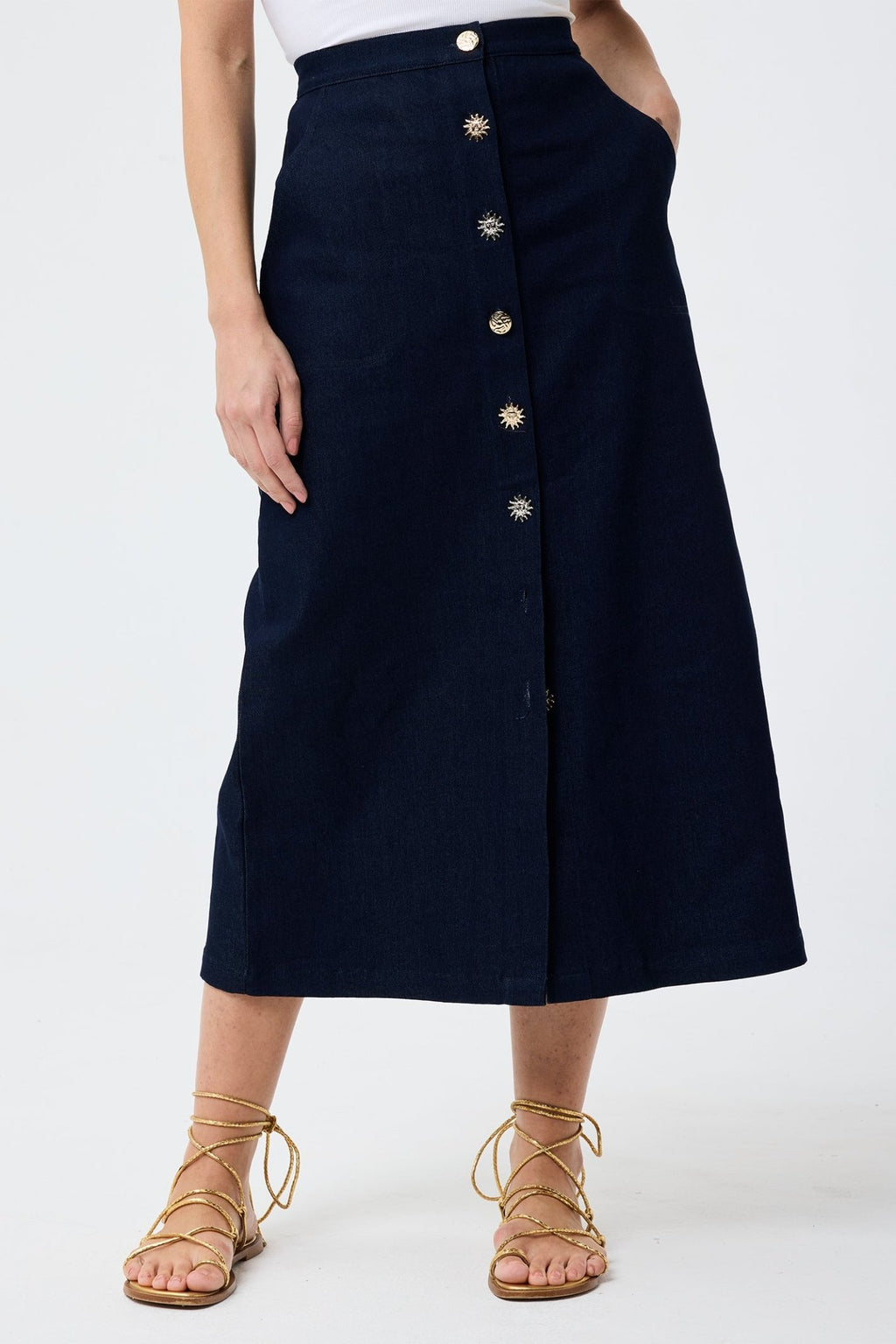 Leo & Ugo JEJ730 Navy Denim Midi Skirt - Dotique