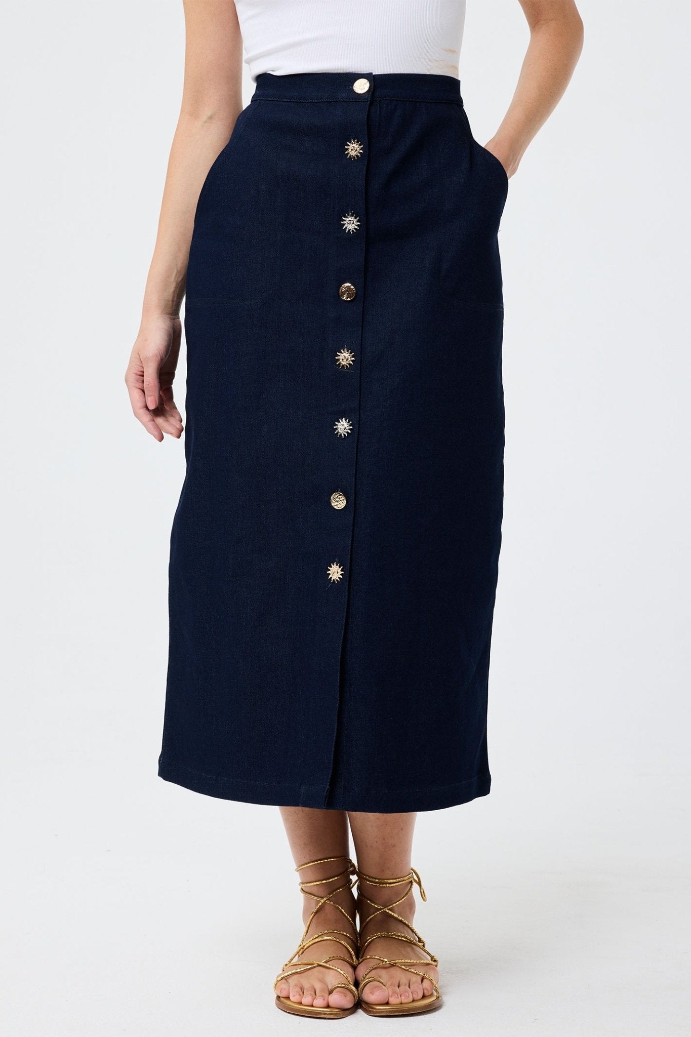 Leo & Ugo JEJ730 Navy Denim Midi Skirt - Dotique