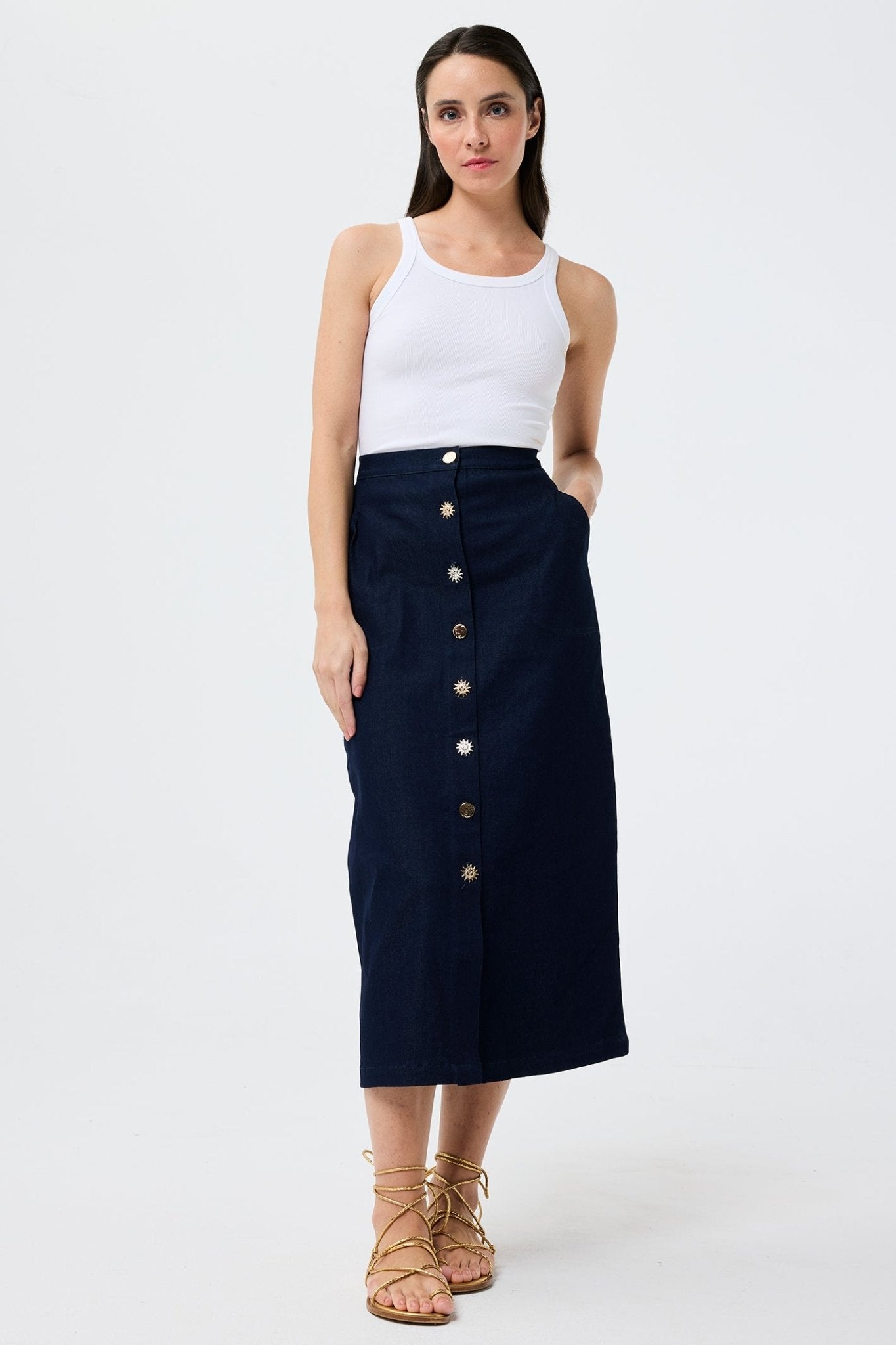 Leo & Ugo JEJ730 Navy Denim Midi Skirt - Dotique