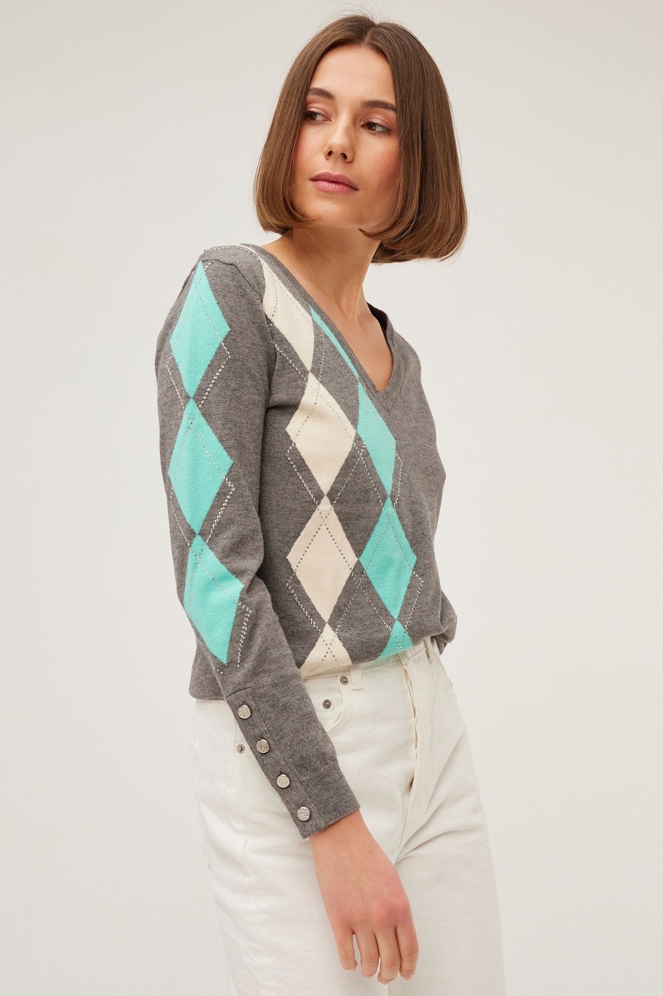 Leo & Ugo Jumper Diamond Pattern V - Neck Grey Ivory AW400 - Dotique - Leo & Ugo
