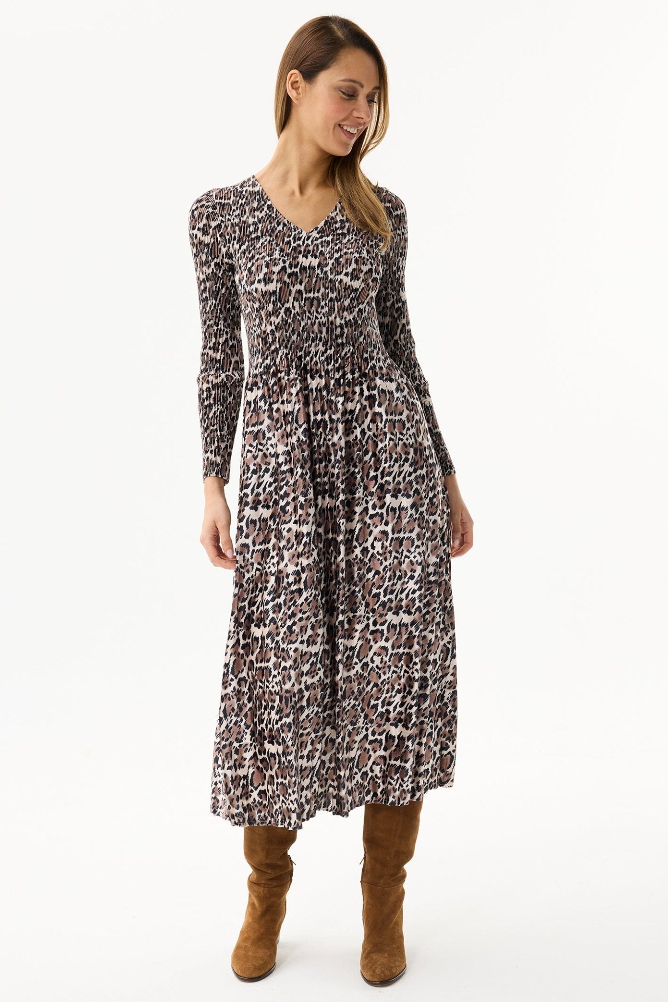 Leo & Ugo KHR915 Leopard Print Velvet Pleat Dress - Dotique - Leo & Ugo