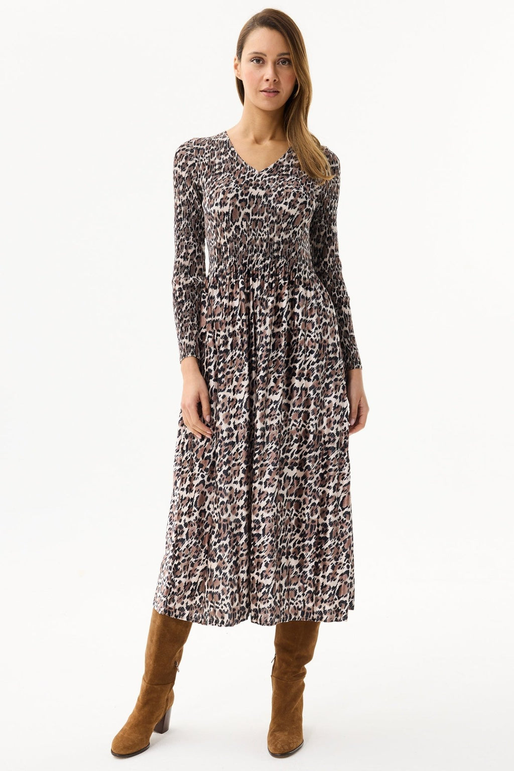 Leo & Ugo KHR915 Leopard Print Velvet Pleat Dress - Dotique - Leo & Ugo