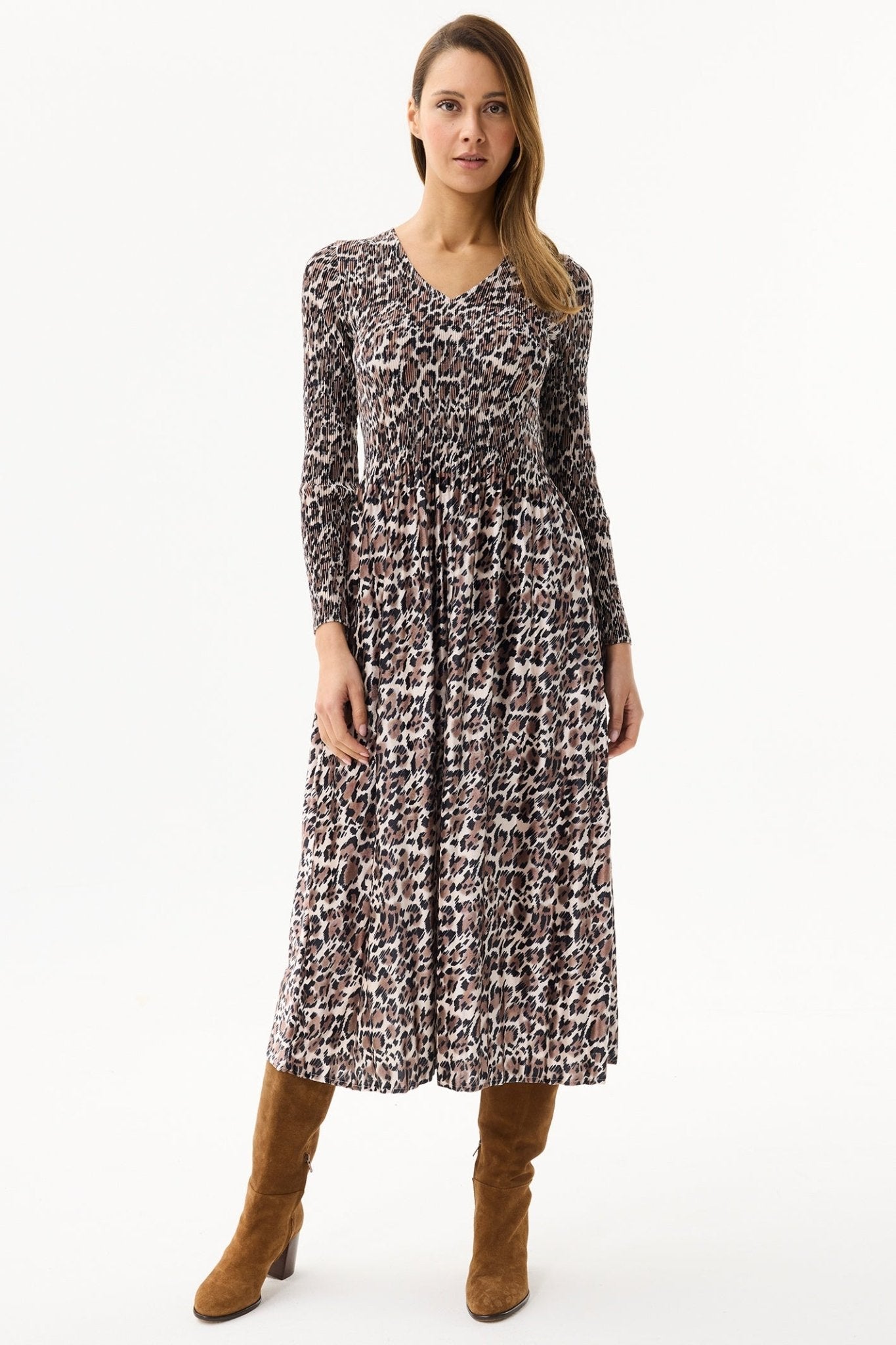 Leo & Ugo KHR915 Leopard Print Velvet Pleat Dress - Dotique - Leo & Ugo