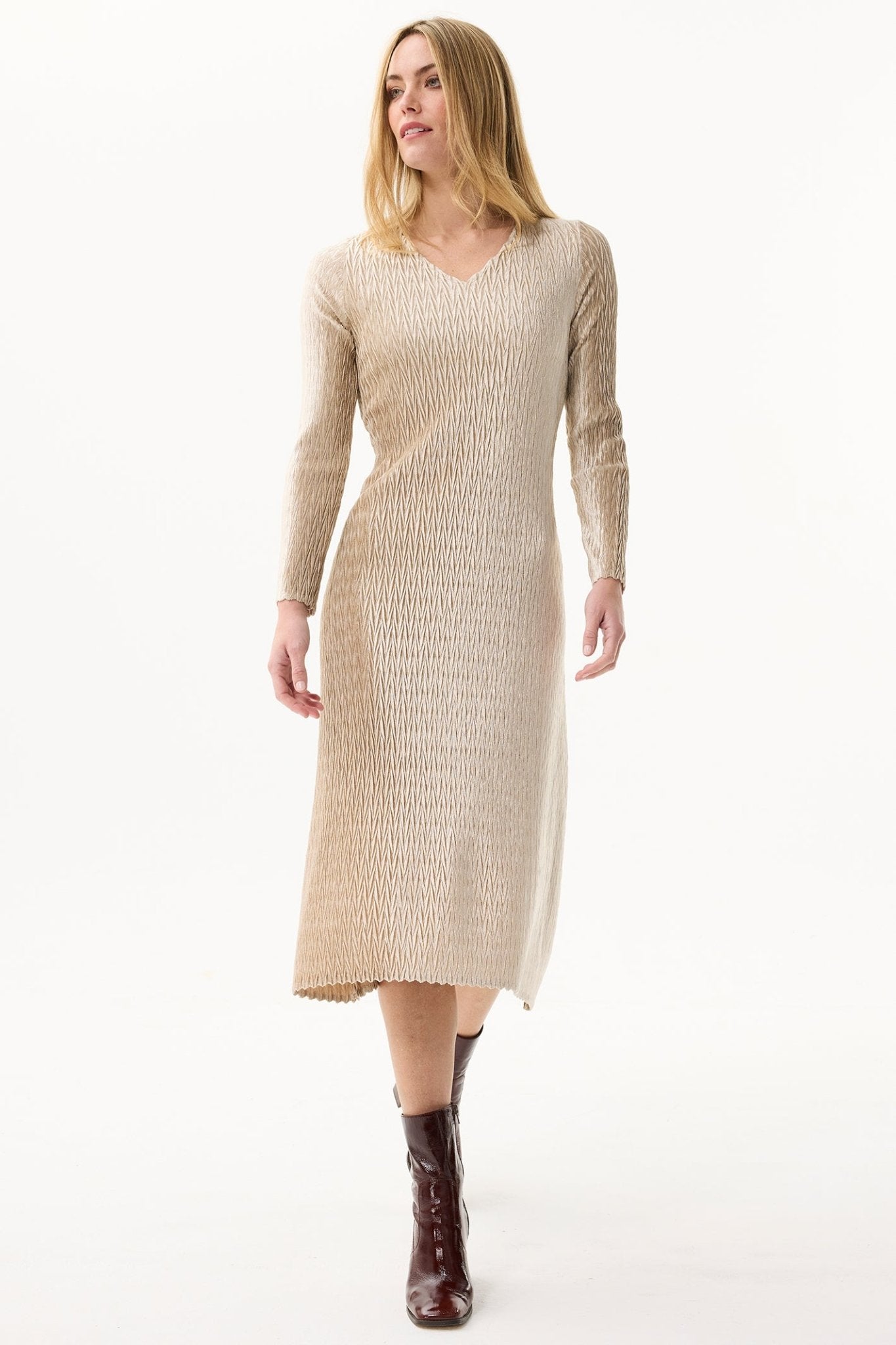 Leo & Ugo KHR982 Beige Gold V - Neck Velvet Midi Dress - Dotique - Leo & Ugo