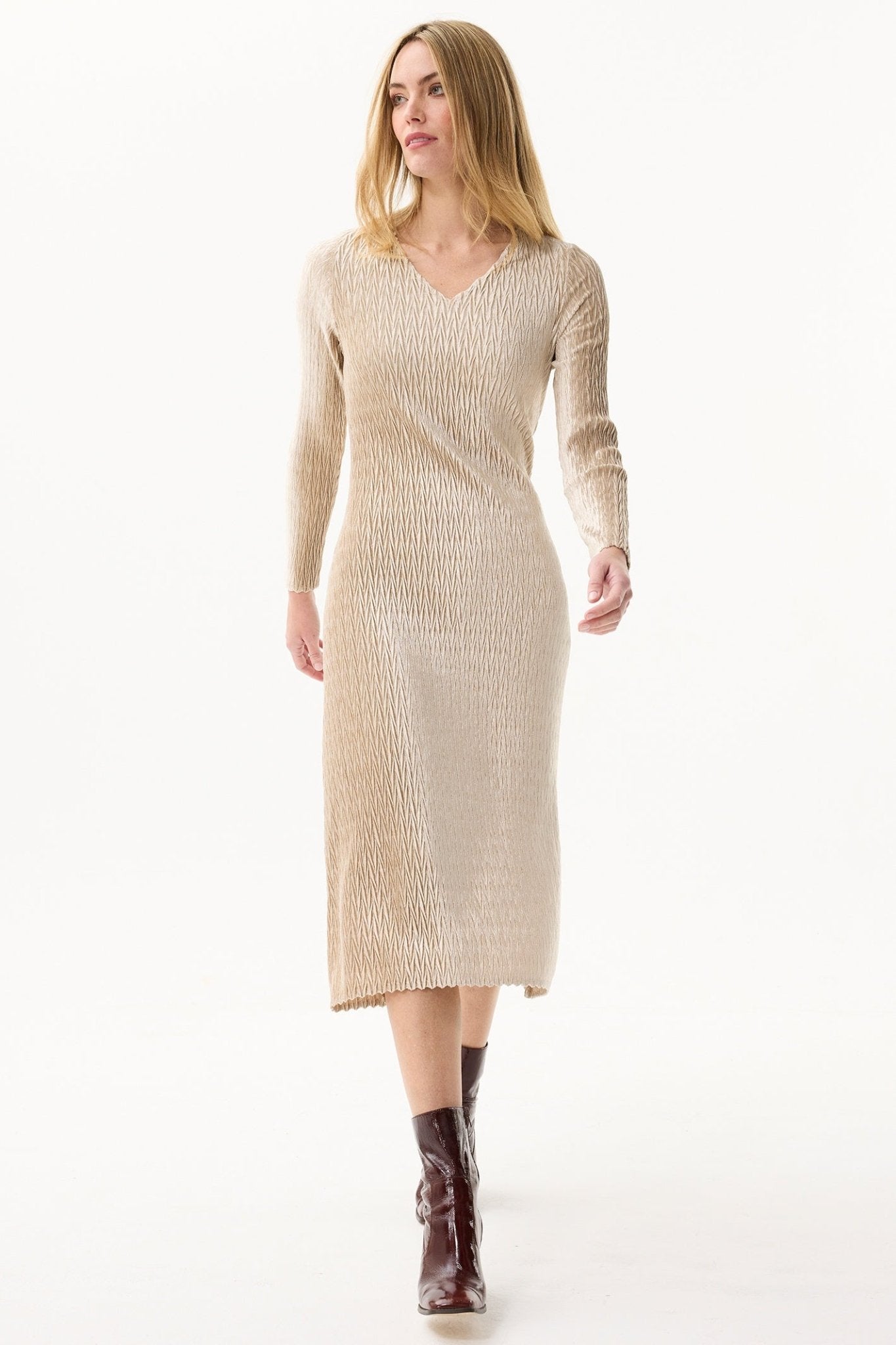 Leo & Ugo KHR982 Beige Gold V - Neck Velvet Midi Dress - Dotique - Leo & Ugo