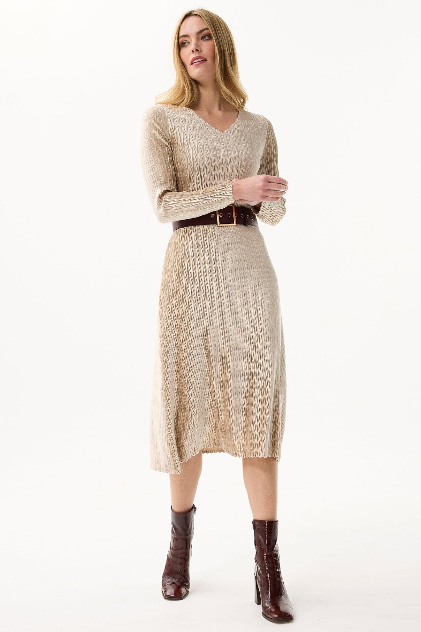 Leo & Ugo KHR982 Beige Gold V - Neck Velvet Midi Dress - Dotique - Leo & Ugo