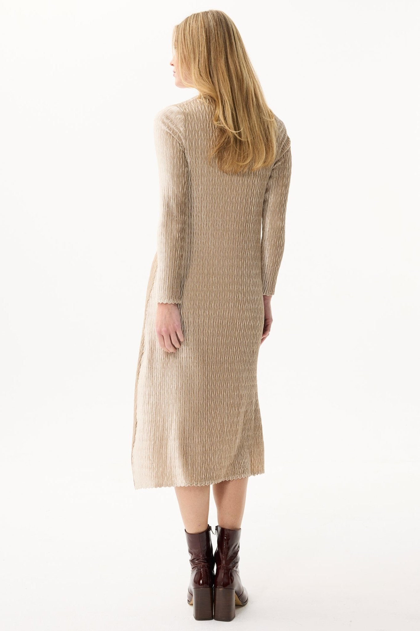 Leo & Ugo KHR982 Beige Gold V - Neck Velvet Midi Dress - Dotique - Leo & Ugo