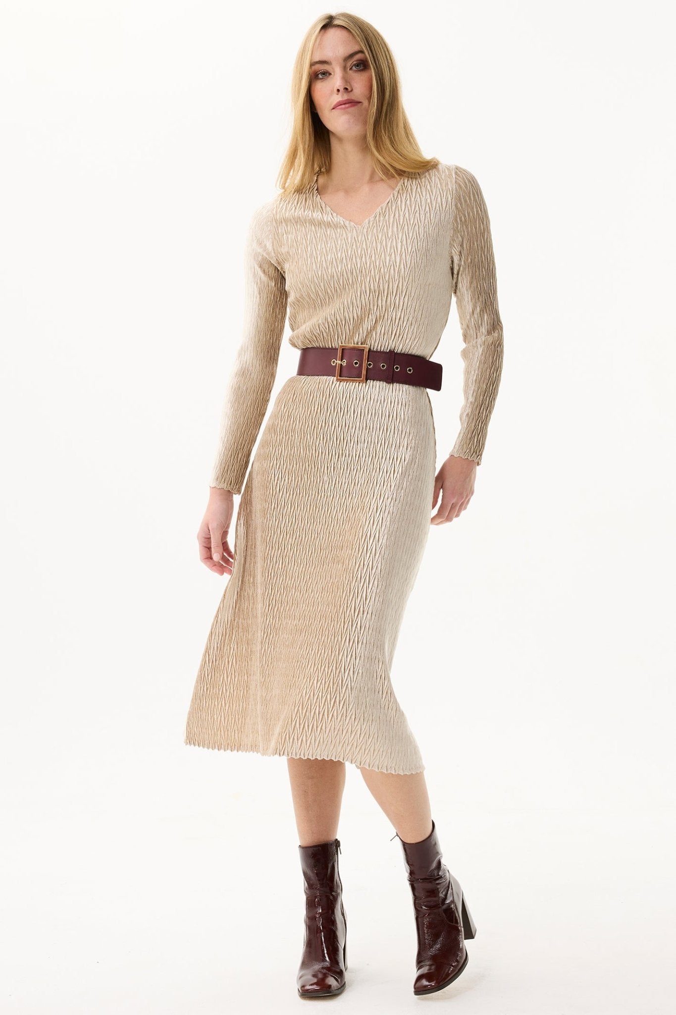 Leo & Ugo KHR982 Beige Gold V - Neck Velvet Midi Dress - Dotique - Leo & Ugo
