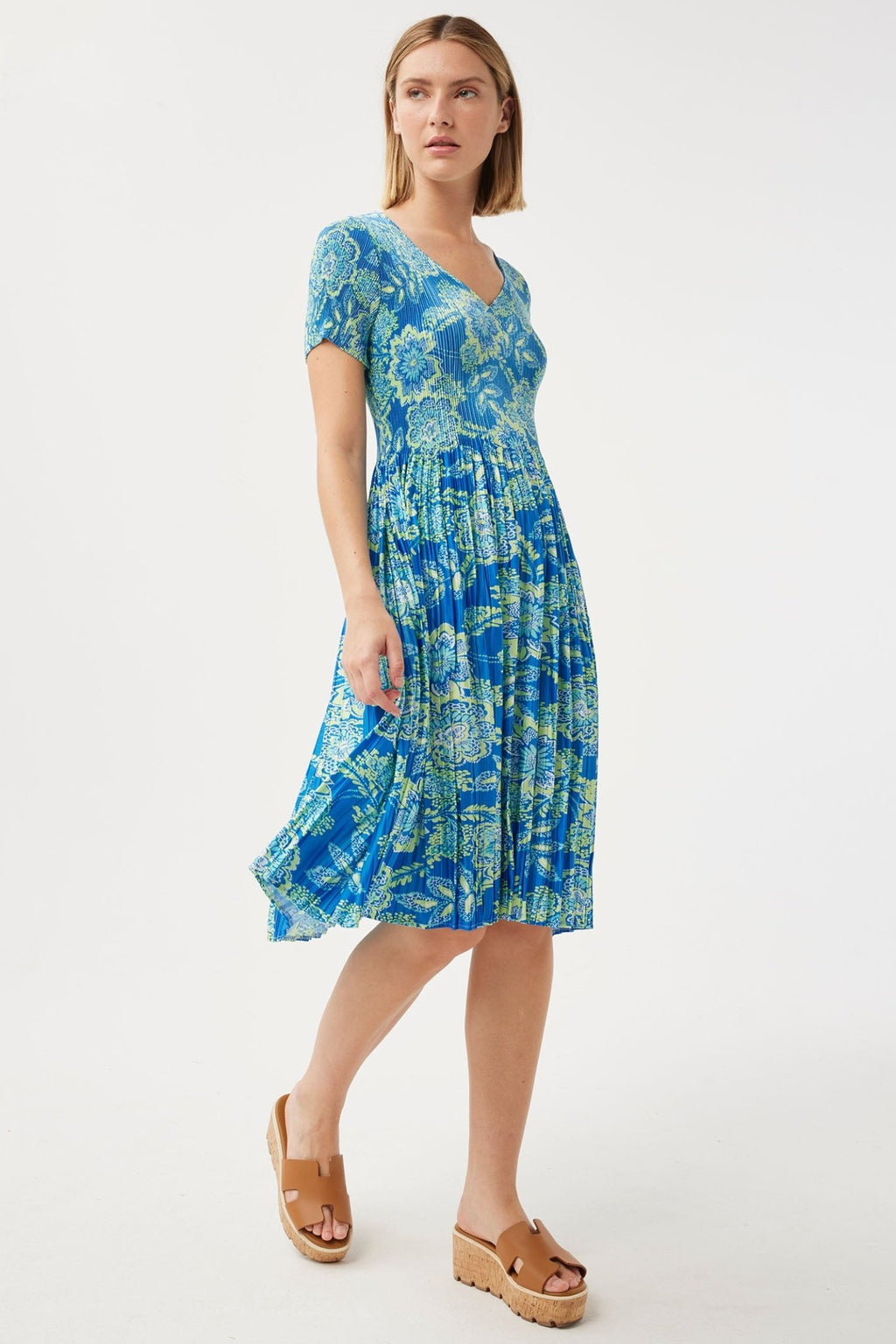 Leo & Ugo Mana KER219 Blue Print Pleat Dress - Dotique