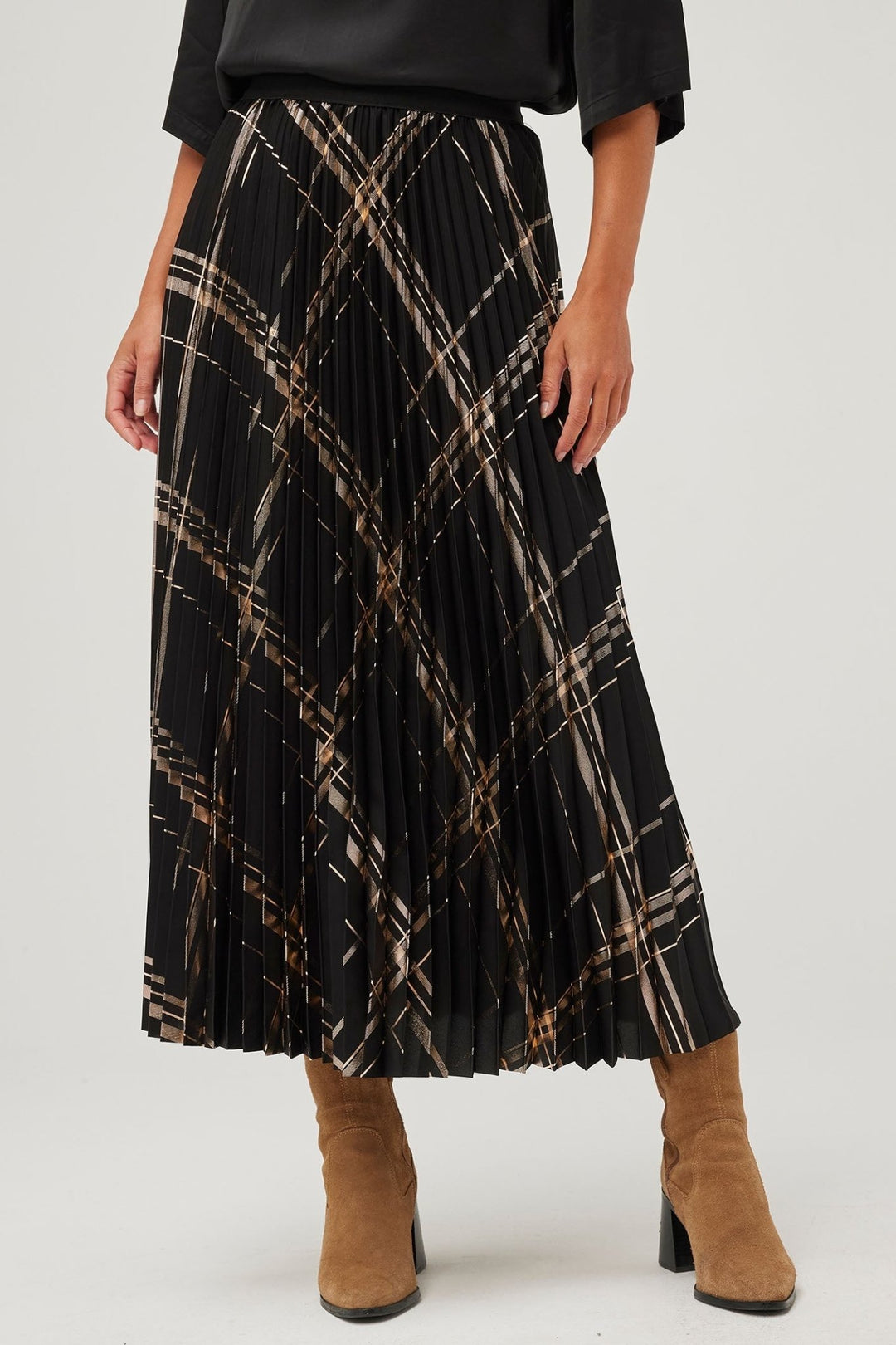 Leo & Ugo Skirt Midi Pleated Check Black Gold KHJ195 - Dotique - Leo & Ugo