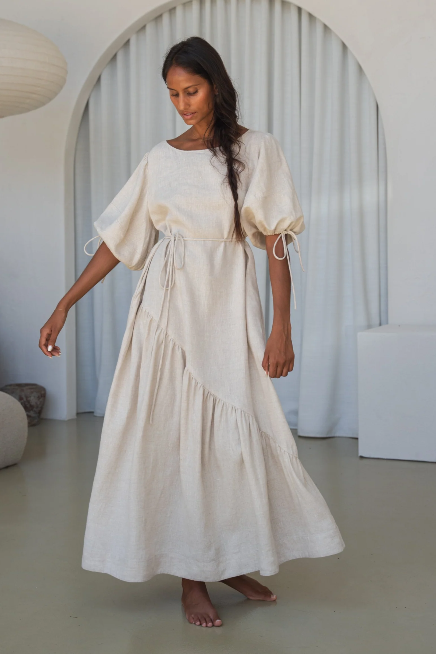 Lilly Pilly LPSS22-D002 Charlotte Linen Dress Oatmeal by Lilly Pilly modeled barefoot, shop Lilly Pilly at Dotique