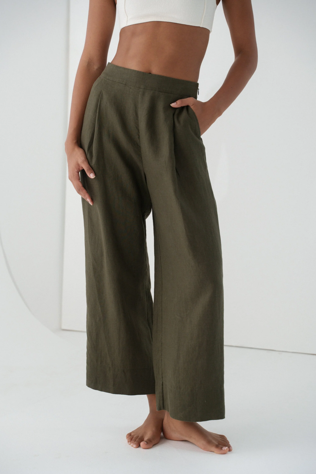 Lilly Pilly LPW23-P002 Ivy Linen Crop Trousers Khaki by Lilly Pilly, shop Lilly Pilly at Dotique online store
