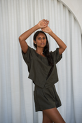 Elegant woman wearing Lilly Pilly LP-T008 Pia Linen Top Khaki by Lilly Pilly, shop Lilly Pilly at Dotique.