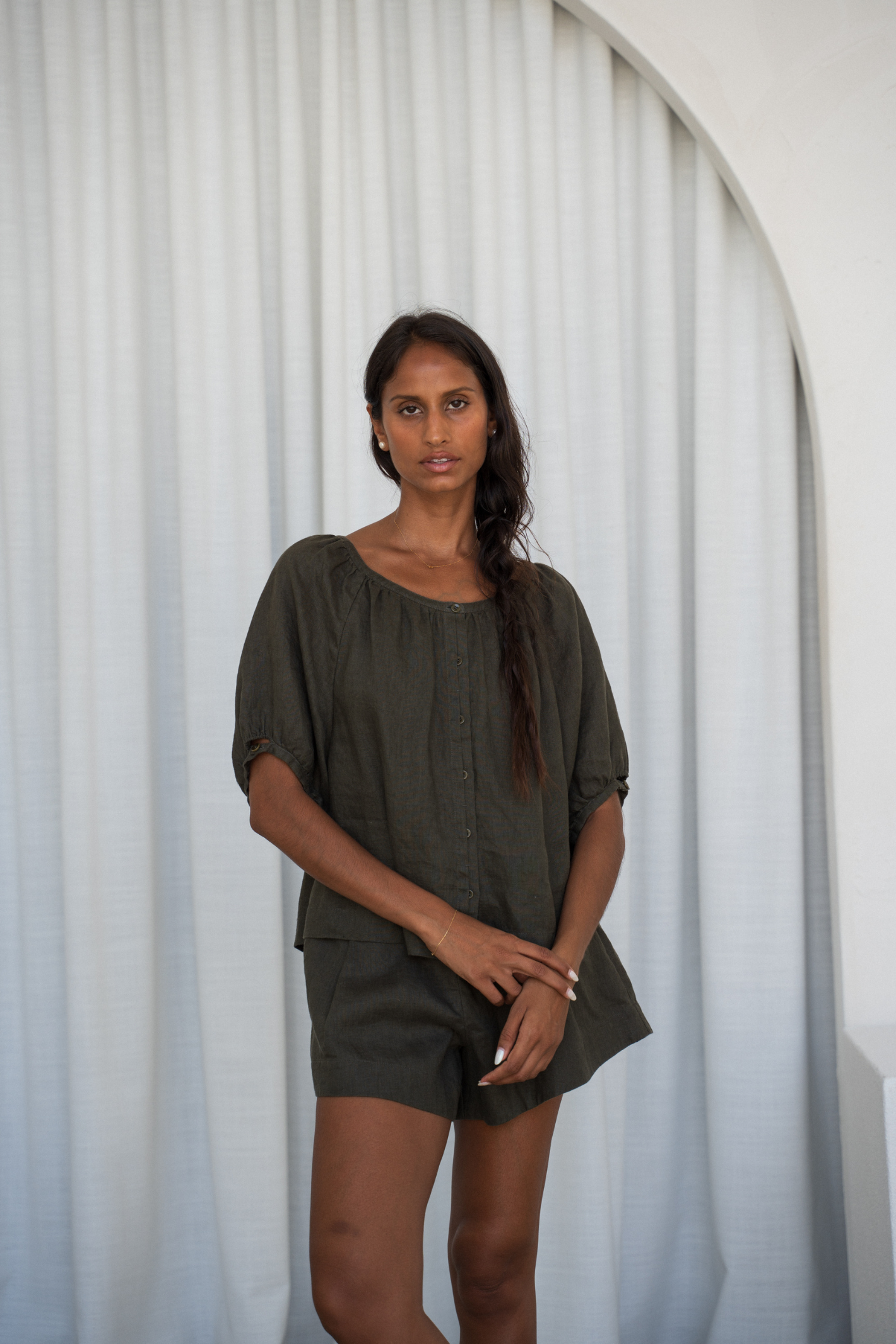 Model wearing Lilly Pilly LP-T008 Pia Linen Top Khaki by Lilly Pilly, shop Lilly Pilly at Dotique.