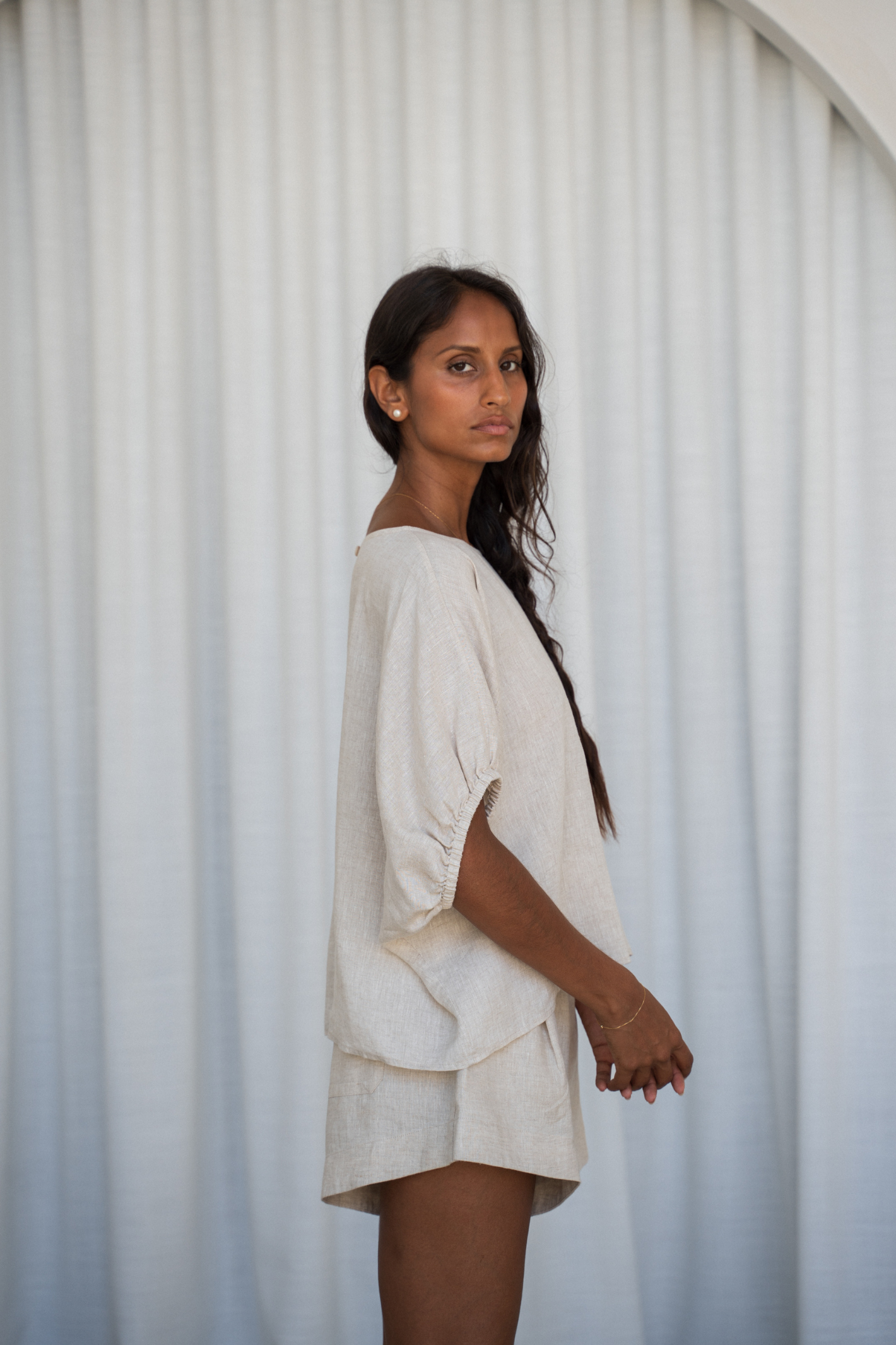 Model wearing Lilly Pilly LPW23-T001 Tina Linen Top Oatmeal by Lilly Pilly, shop Lilly Pilly at Dotique.
