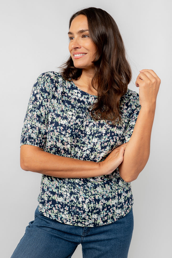 Lily & Me LM25069N Meadow Top Rose Trellis Round Neck Navy - Dotique