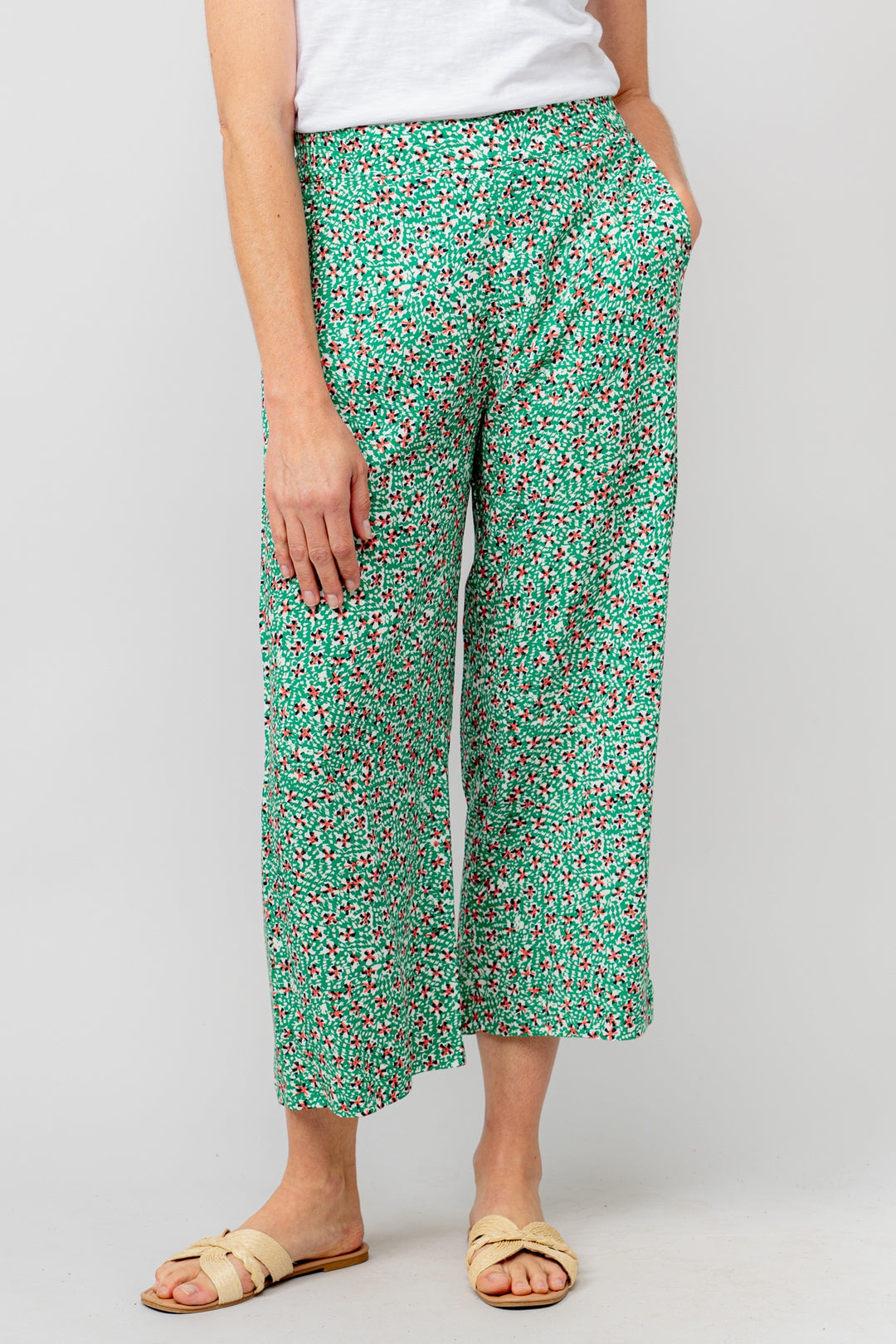 Lily & Me LM25091G Greta Trouser Folk Wide Leg Cropped Trouser Green - Dotique