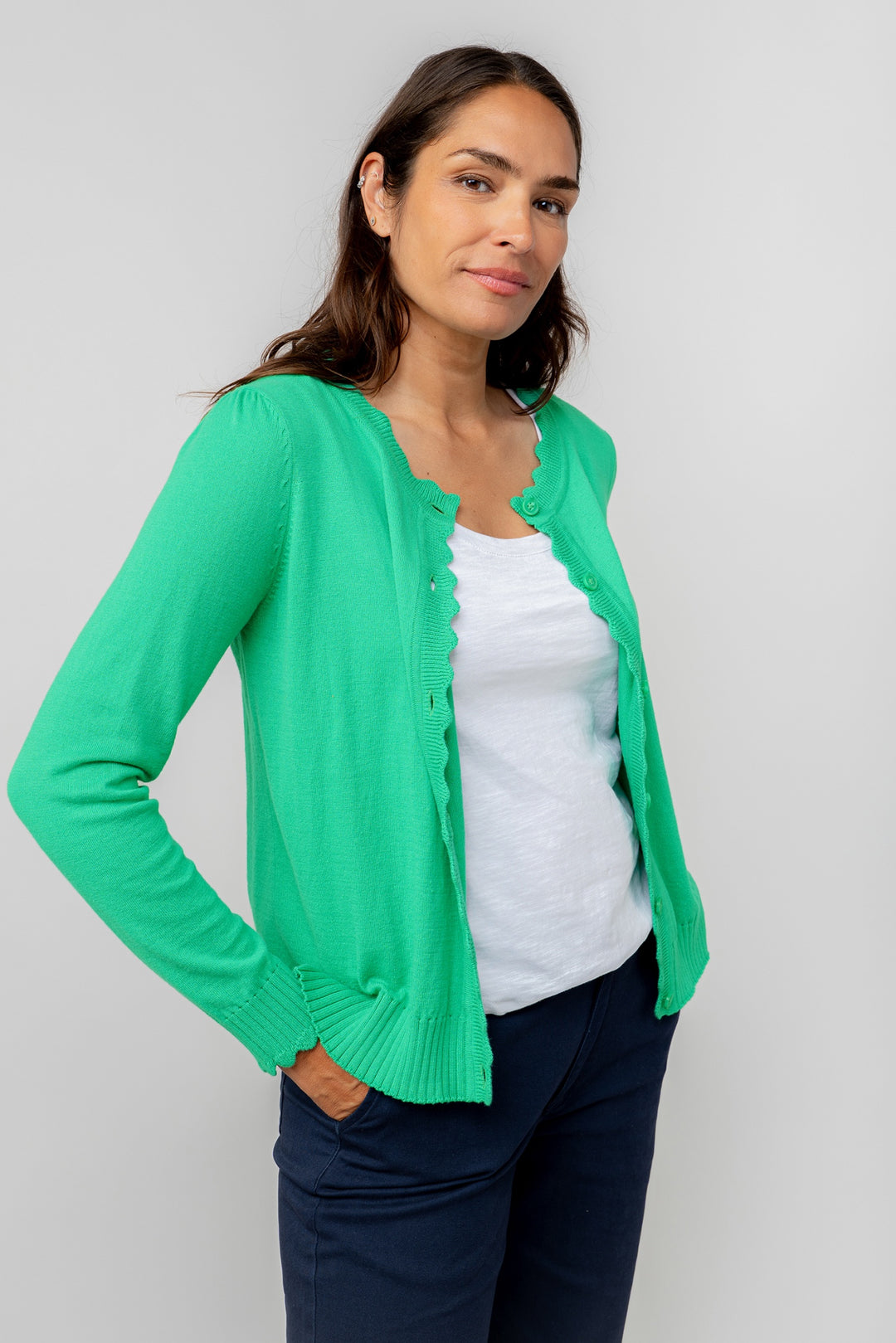 Lily & Me LM25117G Lucy Cardigan Round Neck with Scallop Detailing Green - Dotique