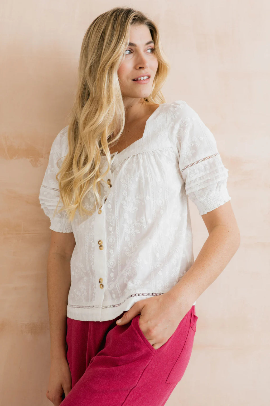 Lily & Me LM26137 Poppy Blouse Plain Stripe Dobby White featuring delicate embroidery and wooden buttons, styled by Lily & me. Shop Lily & me at Dotique.