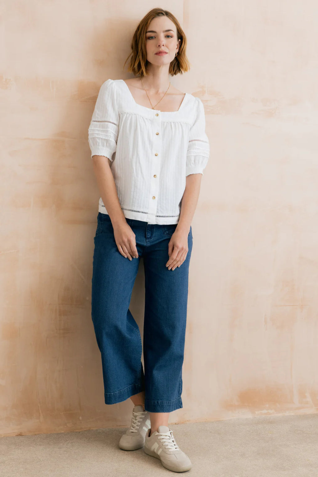 Lily & Me LM26137 Poppy Blouse Plain Stripe Dobby White with square neckline and button front, worn by model. Shop Lily & me at Dotique.