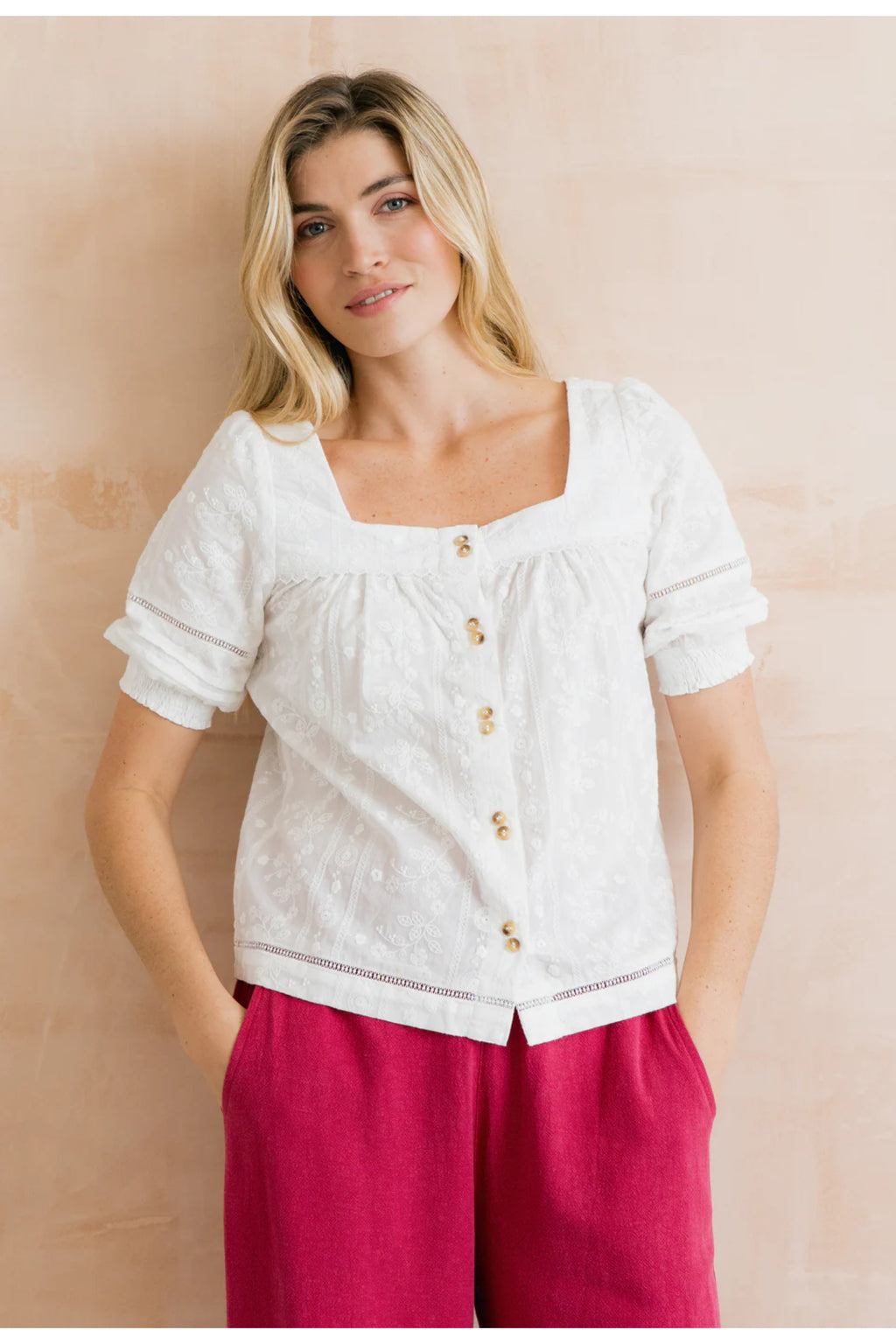 Model wearing Lily & Me LM26137 Poppy Blouse Plain Stripe Dobby White with square neckline and button front by Lily & me. Shop Lily & me at Dotique.