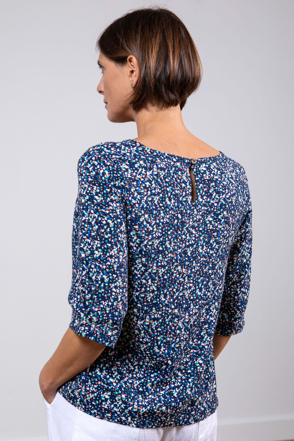 Lily & Me LM24002N Terrazzo Navy Lakeside Print Wide Neck Top - Dotique