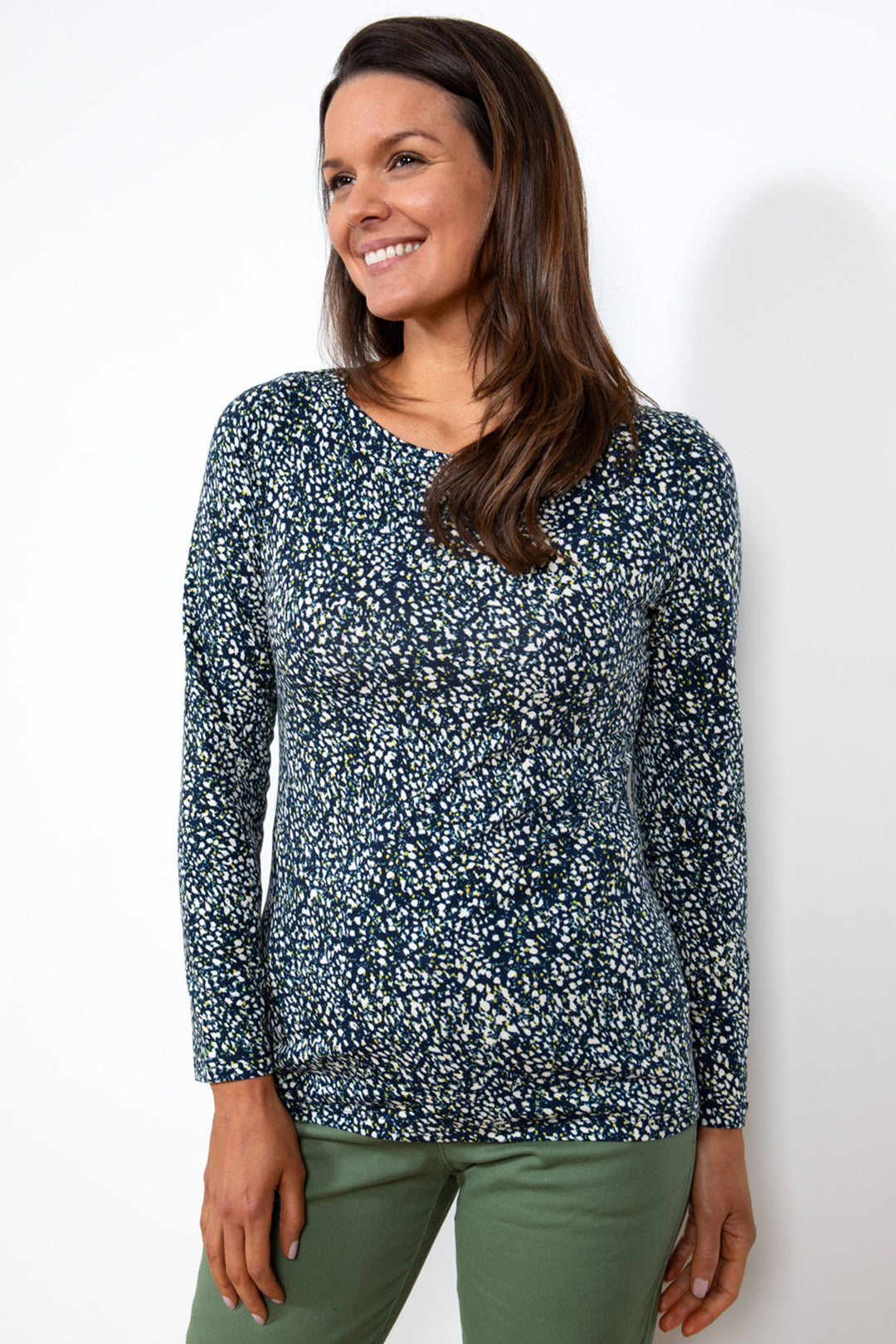 Lily & Me LM24020N Cleeve Navy Dash Print Wide Neck Top - Dotique