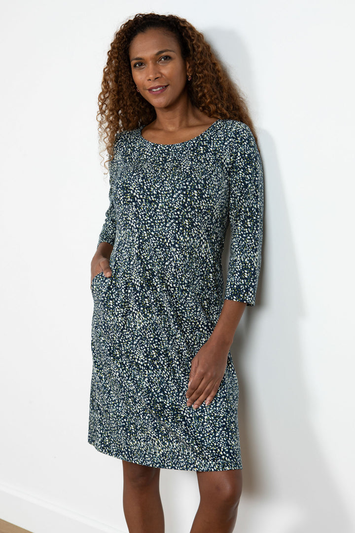 Lily & Me LM24023N Uplands Navy Dash Print Wide Neck Dress - Dotique