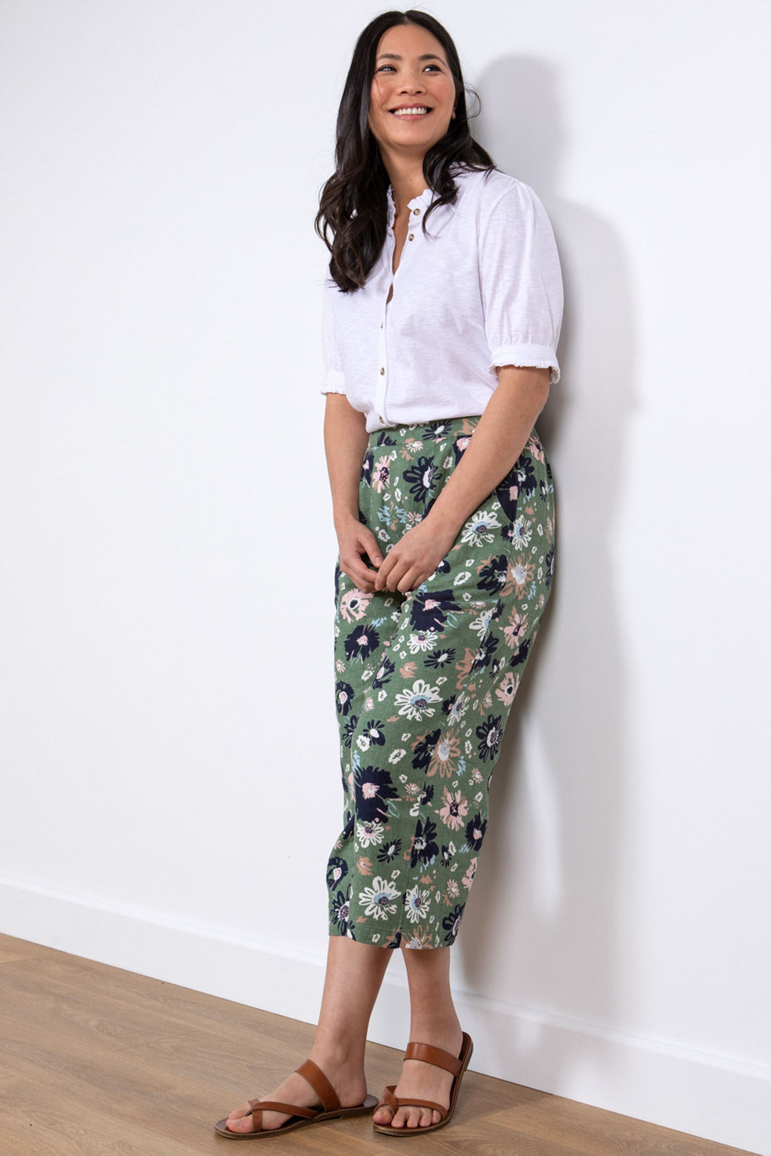 Lily & Me LM24045K Drift Khaki Green Garden Bloom Print Trousers - Dotique
