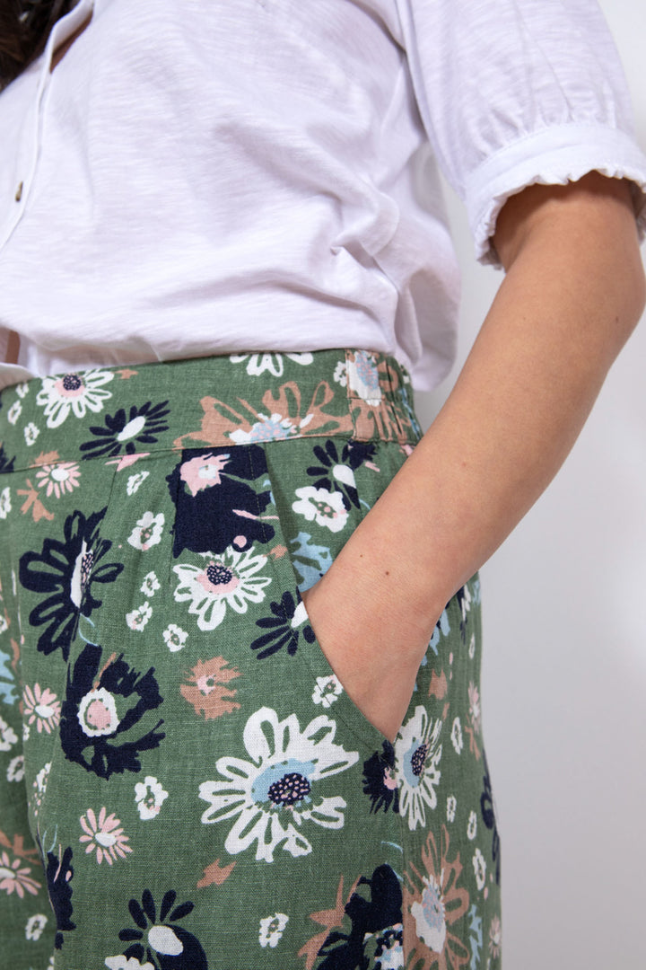 Lily & Me LM24045K Drift Khaki Green Garden Bloom Print Trousers - Dotique