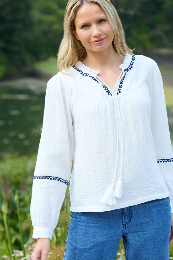 Lily & Me LM24046W Lori White Embroidered Tie Neck Top - Dotique