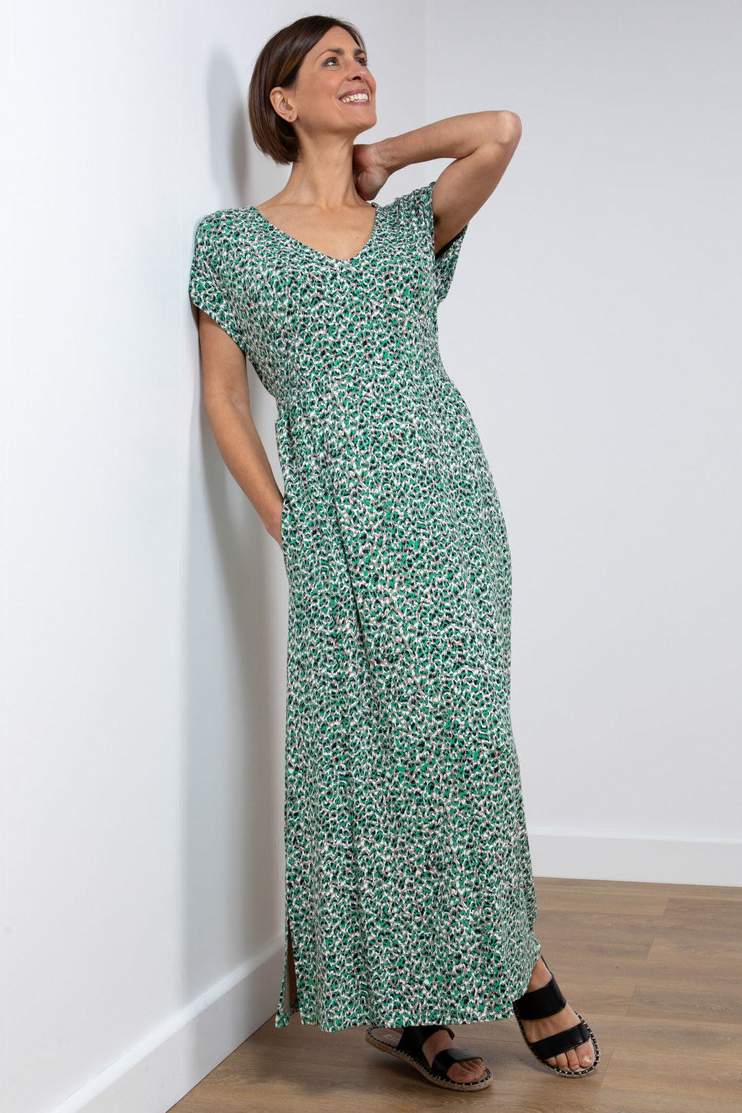 Lily & Me LM24087TP Viola Taupe Green Animal Print Maxi Dress - Dotique