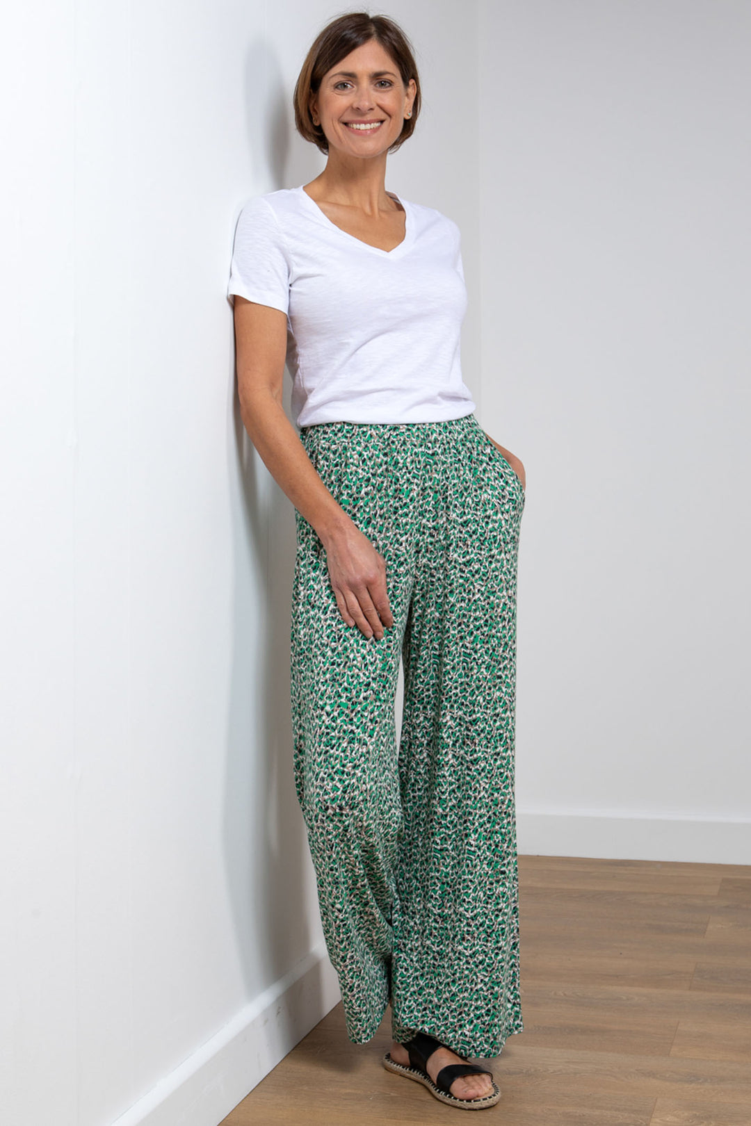 Lily & Me LM24088TP Spring Breeze Taupe Green Animal Print Wide Leg Trousers - Dotique