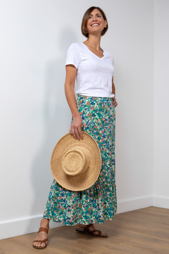 Lily & Me LM24094AG Frome Apple Green Wild Flower Print Maxi Skirt - Dotique