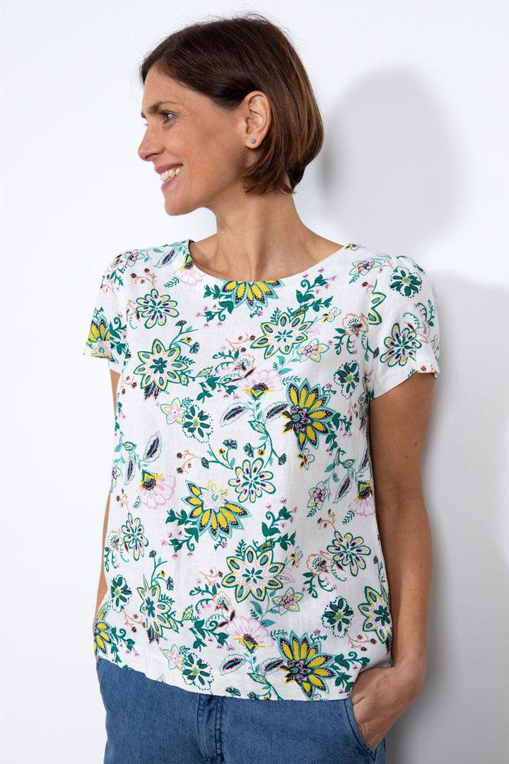 Lily & Me LM24130W Rosali White Tree Of Life Print Short Sleeve Top - Dotique
