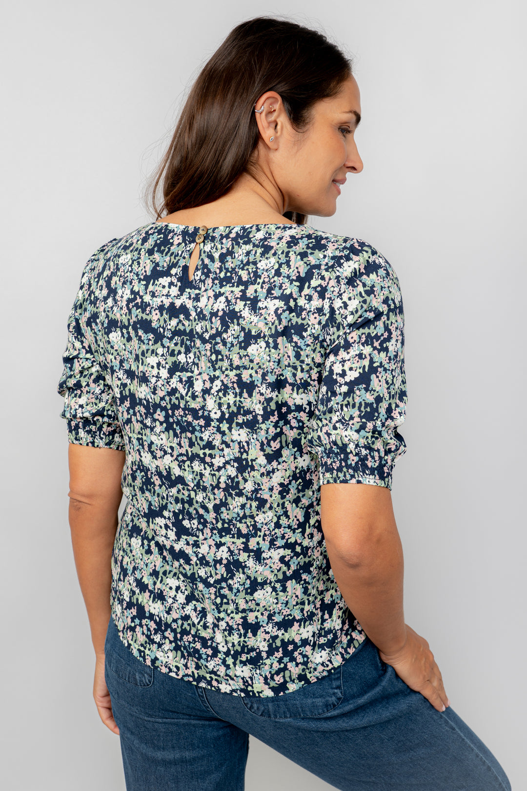 Lily & Me LM25069N Meadow Top Rose Trellis Round Neck Navy - Dotique