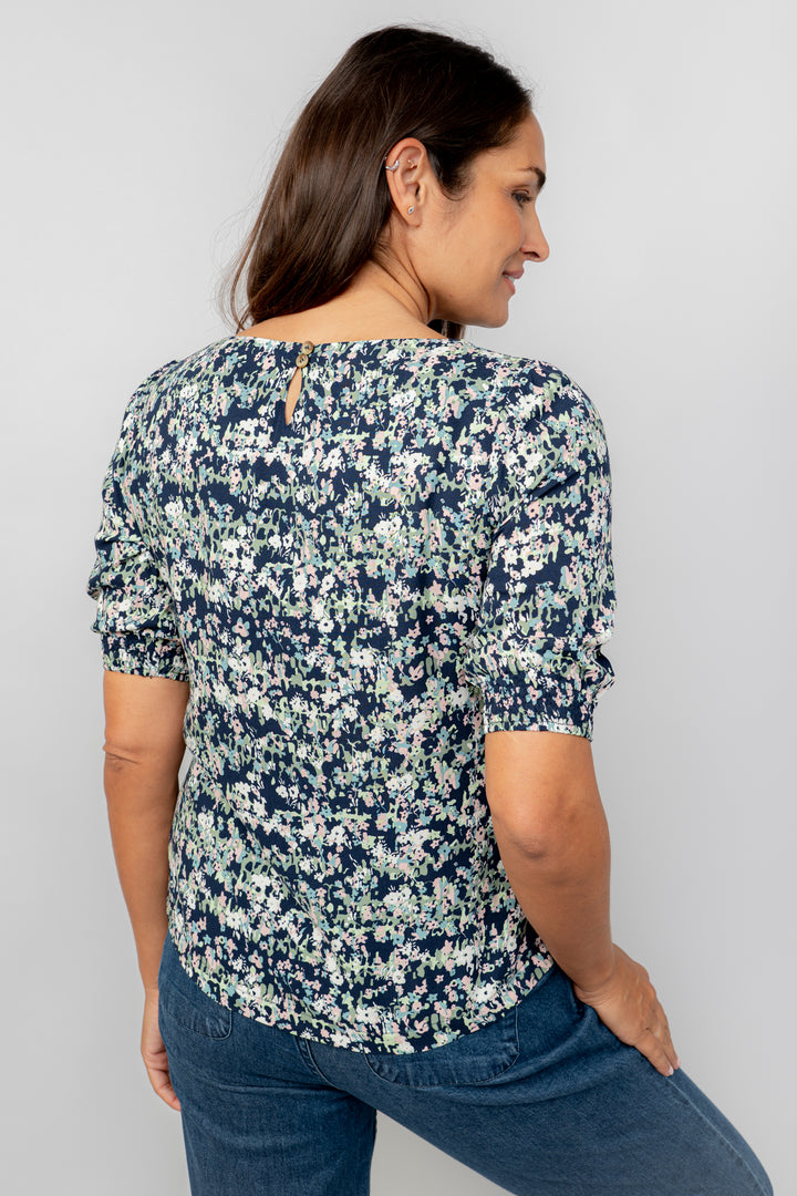 Lily & Me LM25069N Meadow Top Rose Trellis Round Neck Navy - Dotique