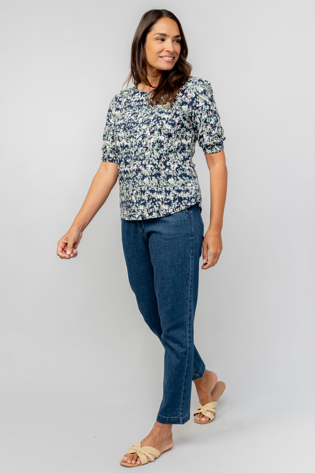 Lily & Me LM25069N Meadow Top Rose Trellis Round Neck Navy - Dotique