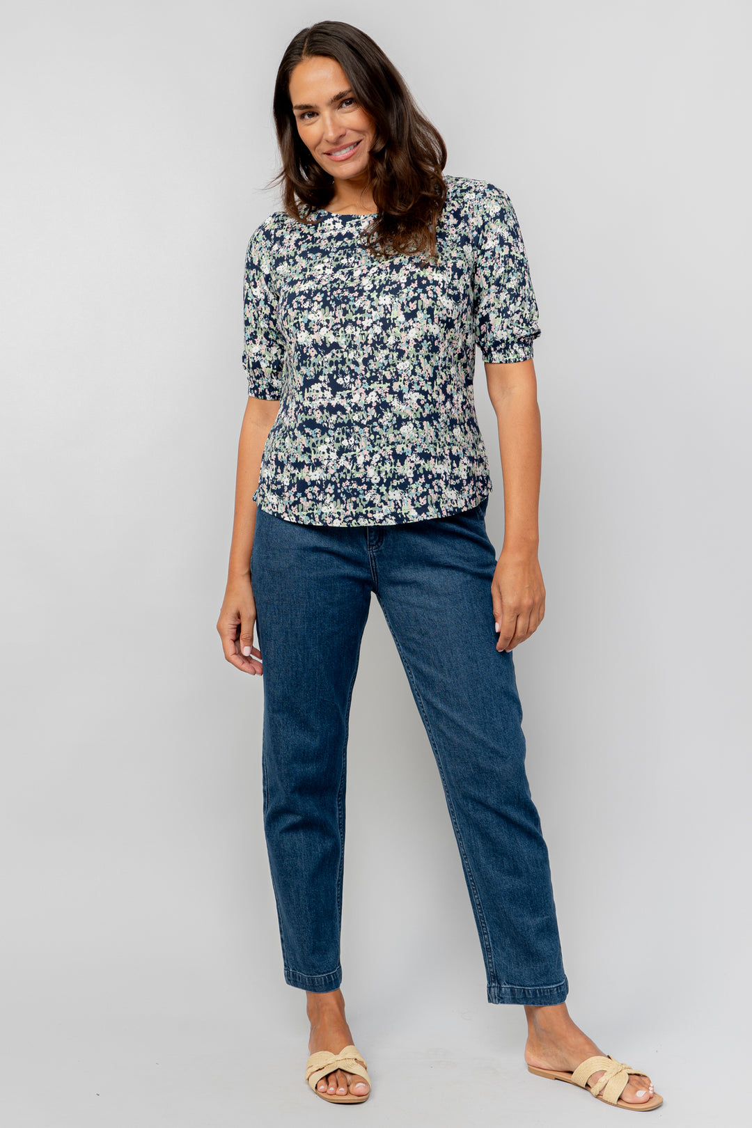 Lily & Me LM25069N Meadow Top Rose Trellis Round Neck Navy - Dotique