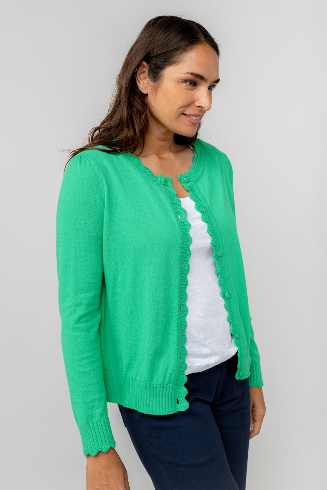 Lily & Me LM25117G Lucy Cardigan Round Neck with Scallop Detailing Green - Dotique