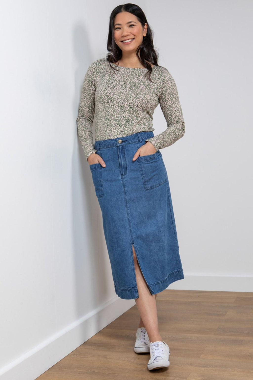 Lily & Me LB003 Penrose Blue Denim Midi Skirt - Dotique