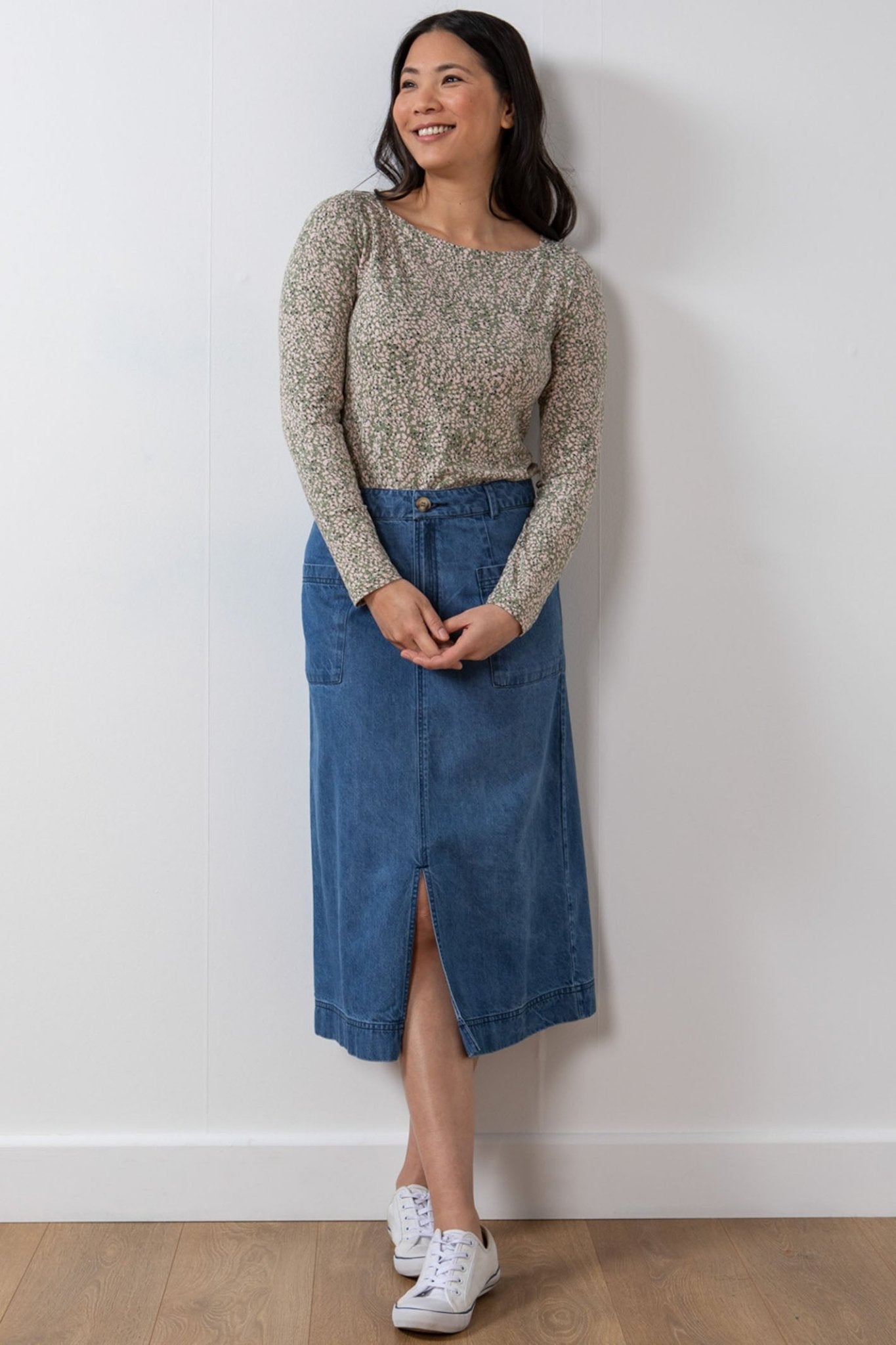 Lily & Me LB003 Penrose Blue Denim Midi Skirt - Dotique