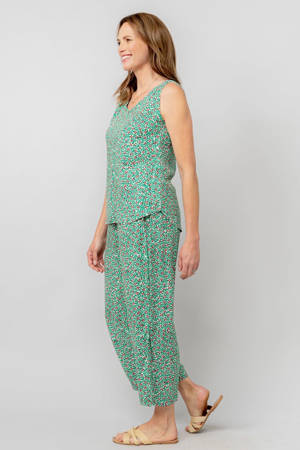 Lily & Me LM25091G Greta Trouser Folk Wide Leg Cropped Trouser Green - Dotique