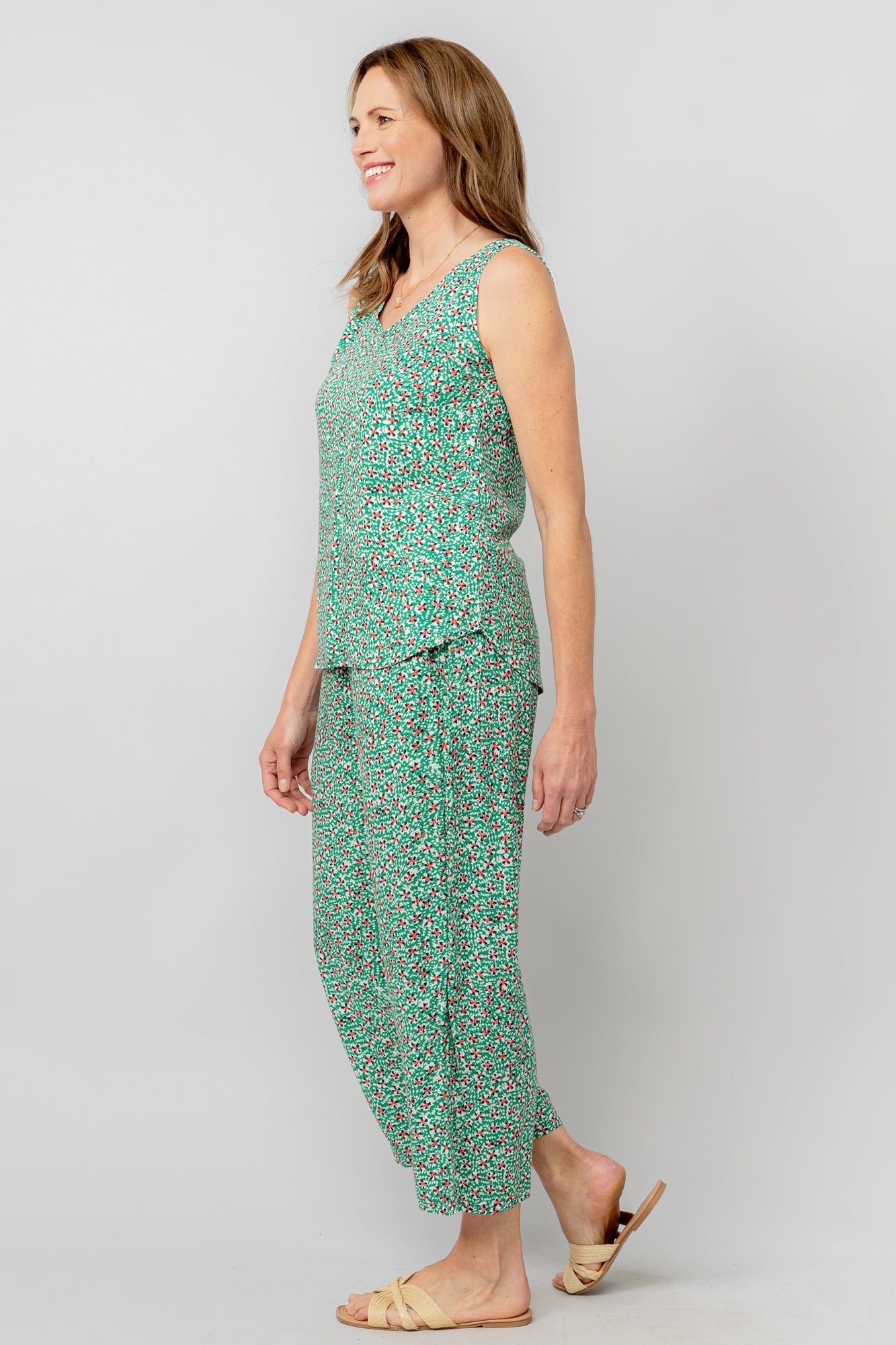 Lily & Me LM25091G Greta Trouser Folk Wide Leg Cropped Trouser Green - Dotique
