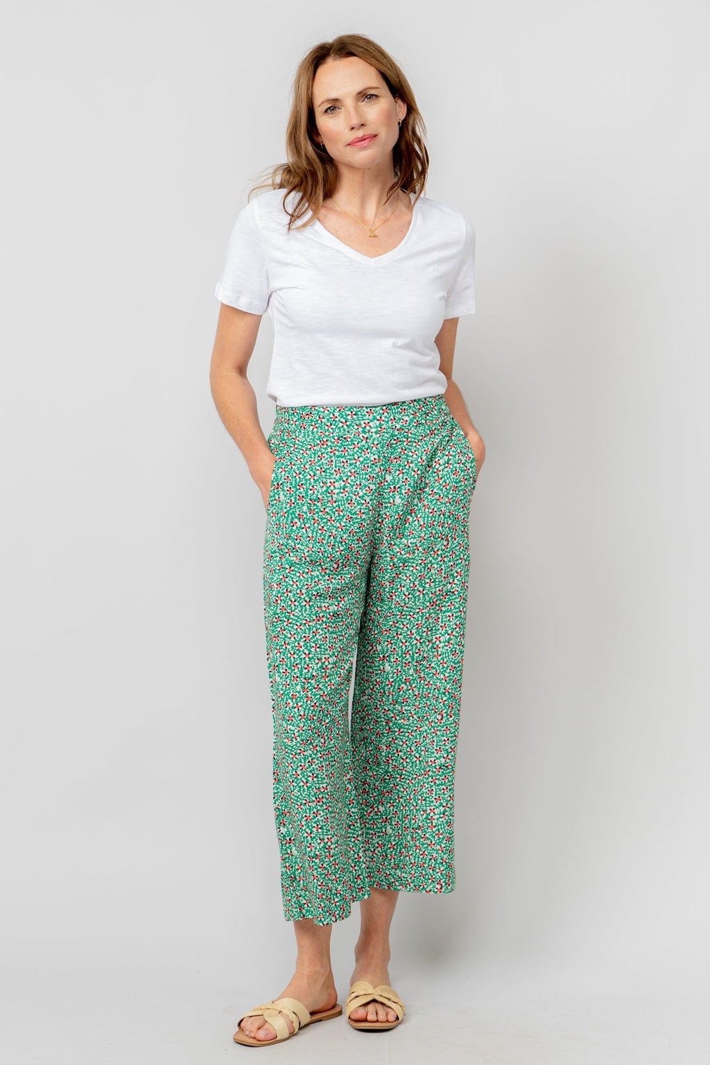 Lily & Me LM25091G Greta Trouser Folk Wide Leg Cropped Trouser Green - Dotique