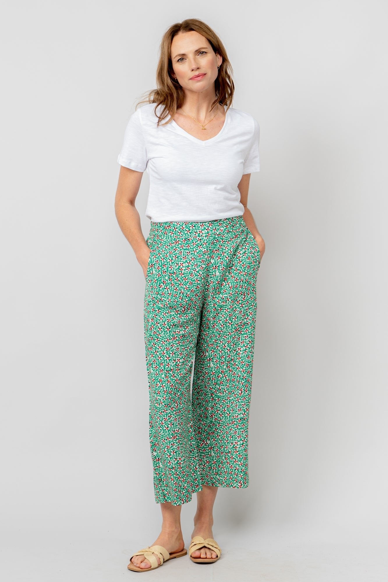 Lily & Me LM25091G Greta Trouser Folk Wide Leg Cropped Trouser Green - Dotique