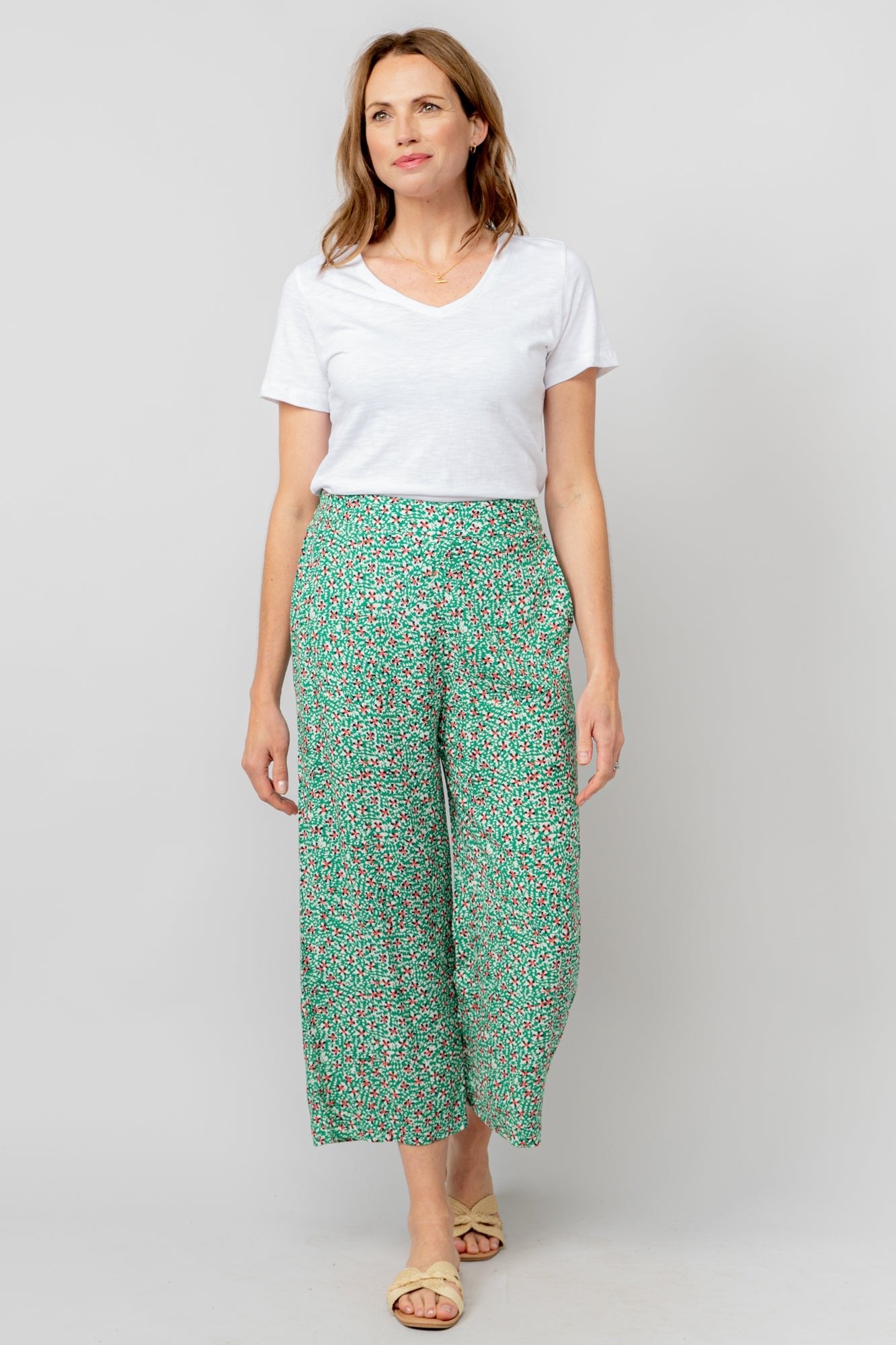 Lily & Me LM25091G Greta Trouser Folk Wide Leg Cropped Trouser Green - Dotique