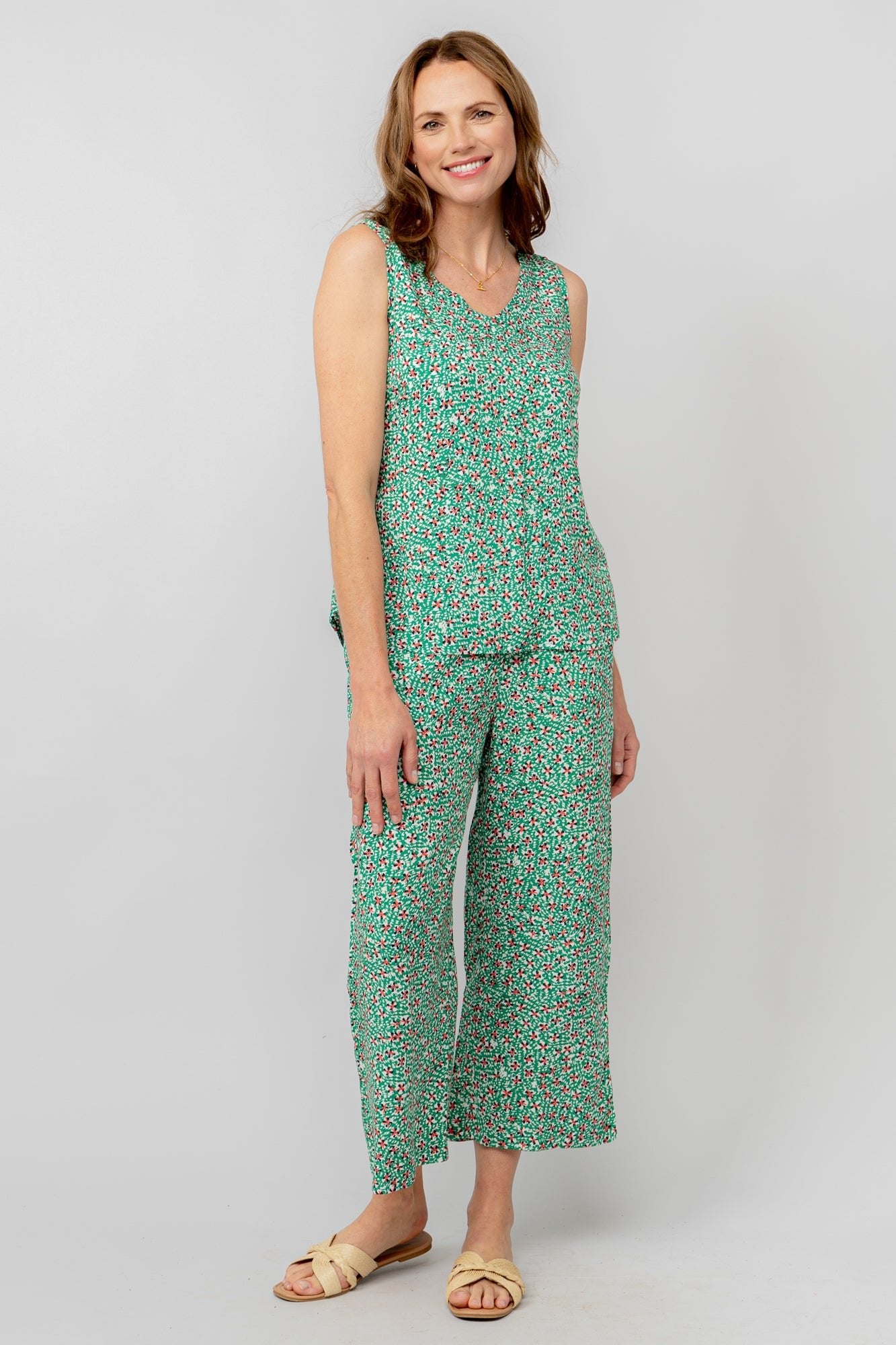 Lily & Me LM25091G Greta Trouser Folk Wide Leg Cropped Trouser Green - Dotique