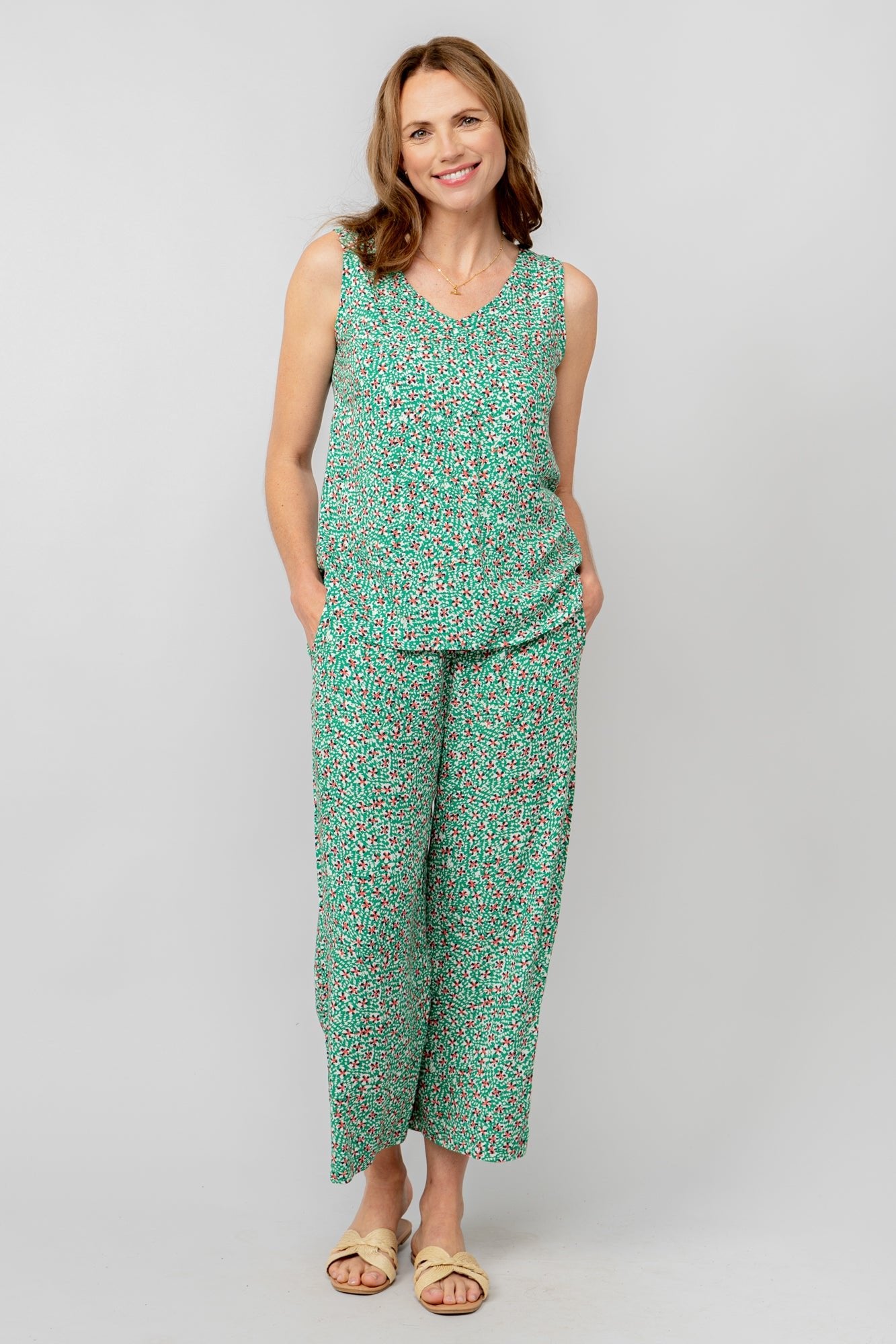 Lily & Me LM25091G Greta Trouser Folk Wide Leg Cropped Trouser Green - Dotique