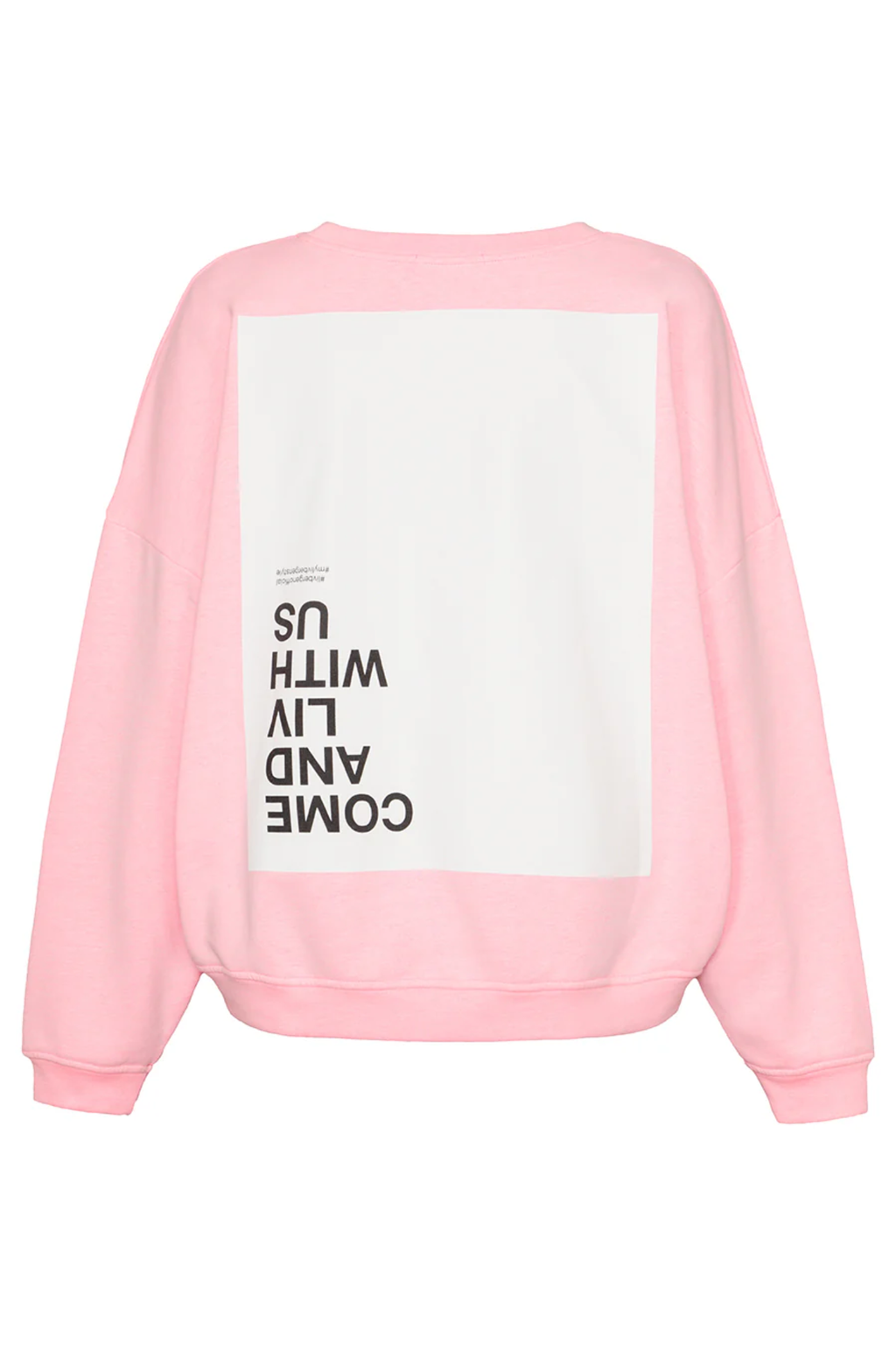 Back view of Liv Bergen Ella Come Sweater in pink with graphic text by liv bergen Shop liv bergen at Dotique